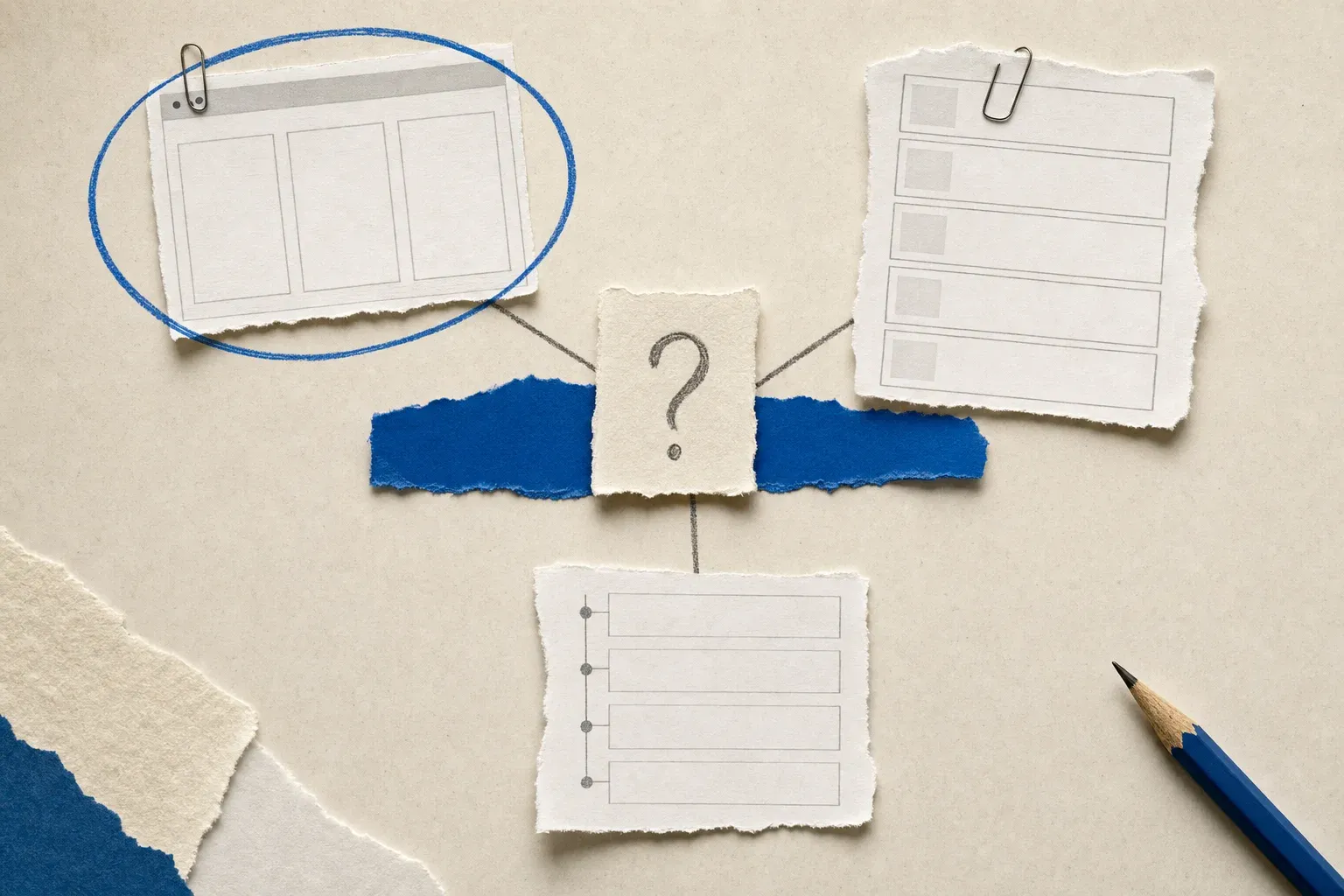 Torn-paper question card with hand-drawn lines radiating to three clipped web-page fragments