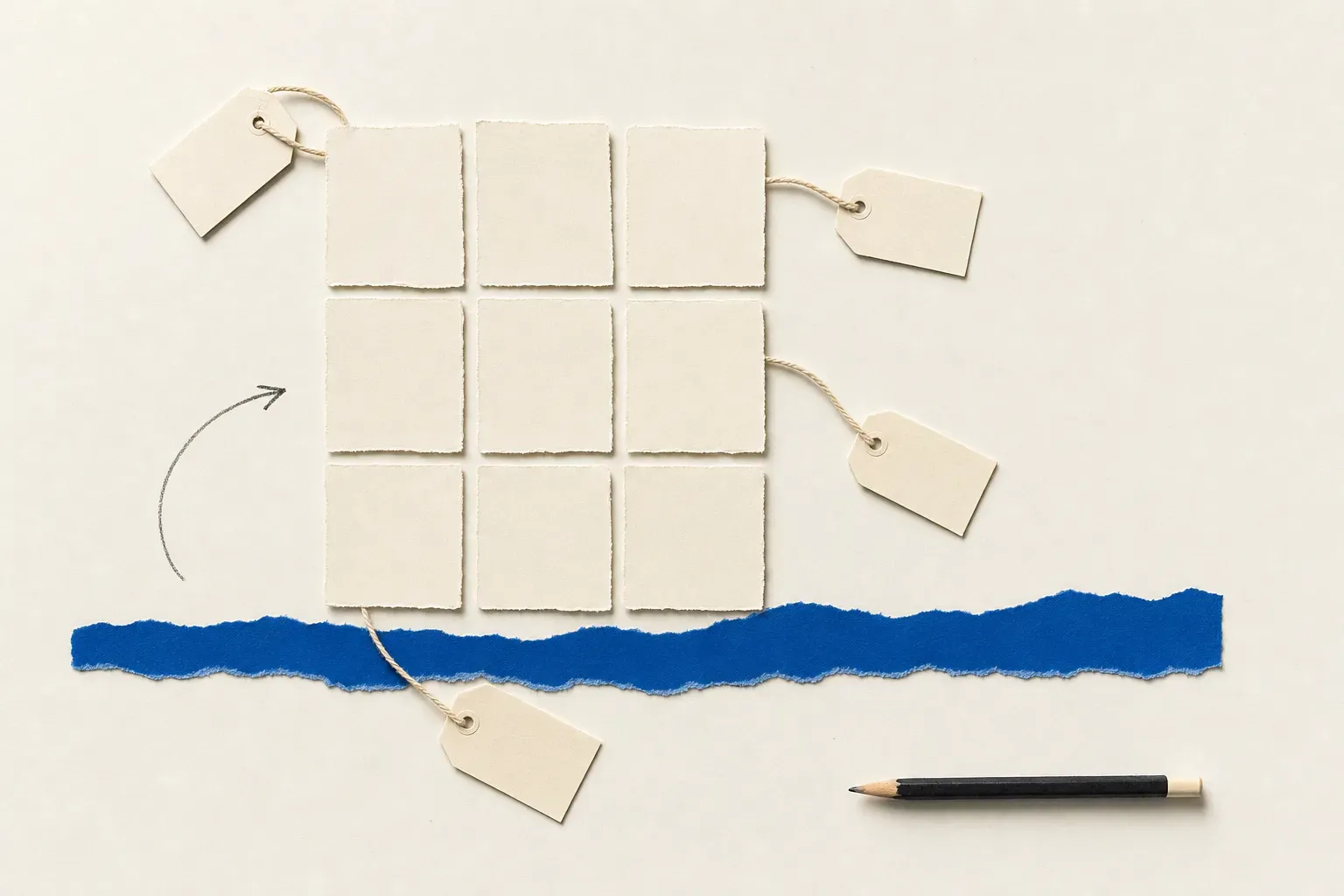 Nine blank paper cells arranged as a grid with four empty tags tied on strings