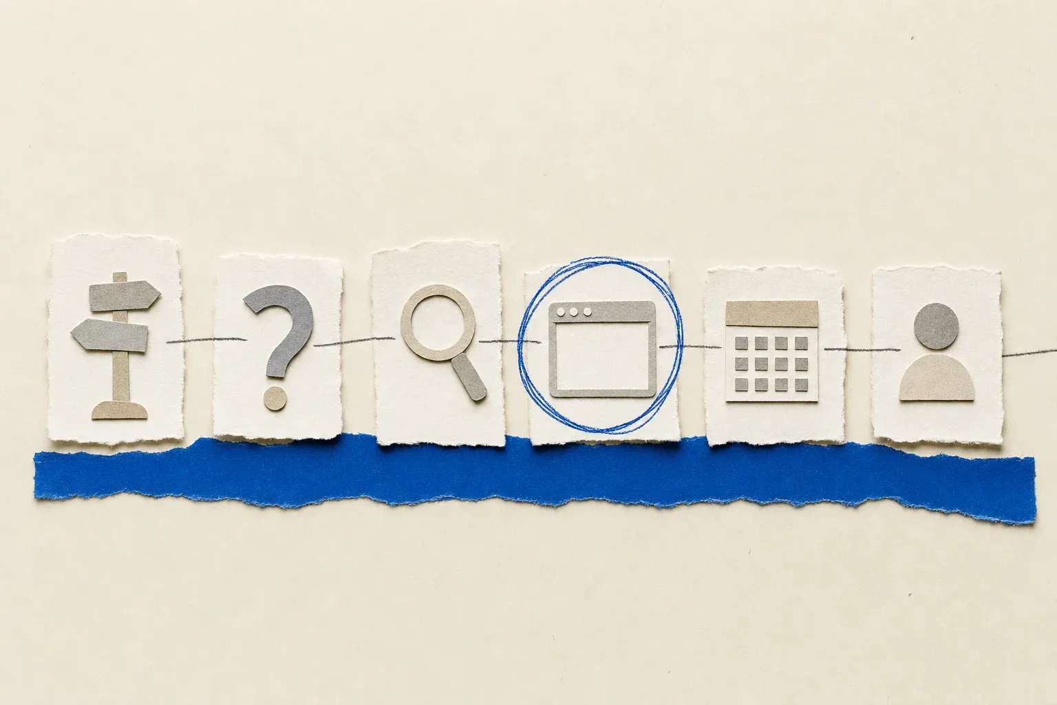 Six torn-paper cards in a row representing decision, question, evidence, source page, cadence and owner