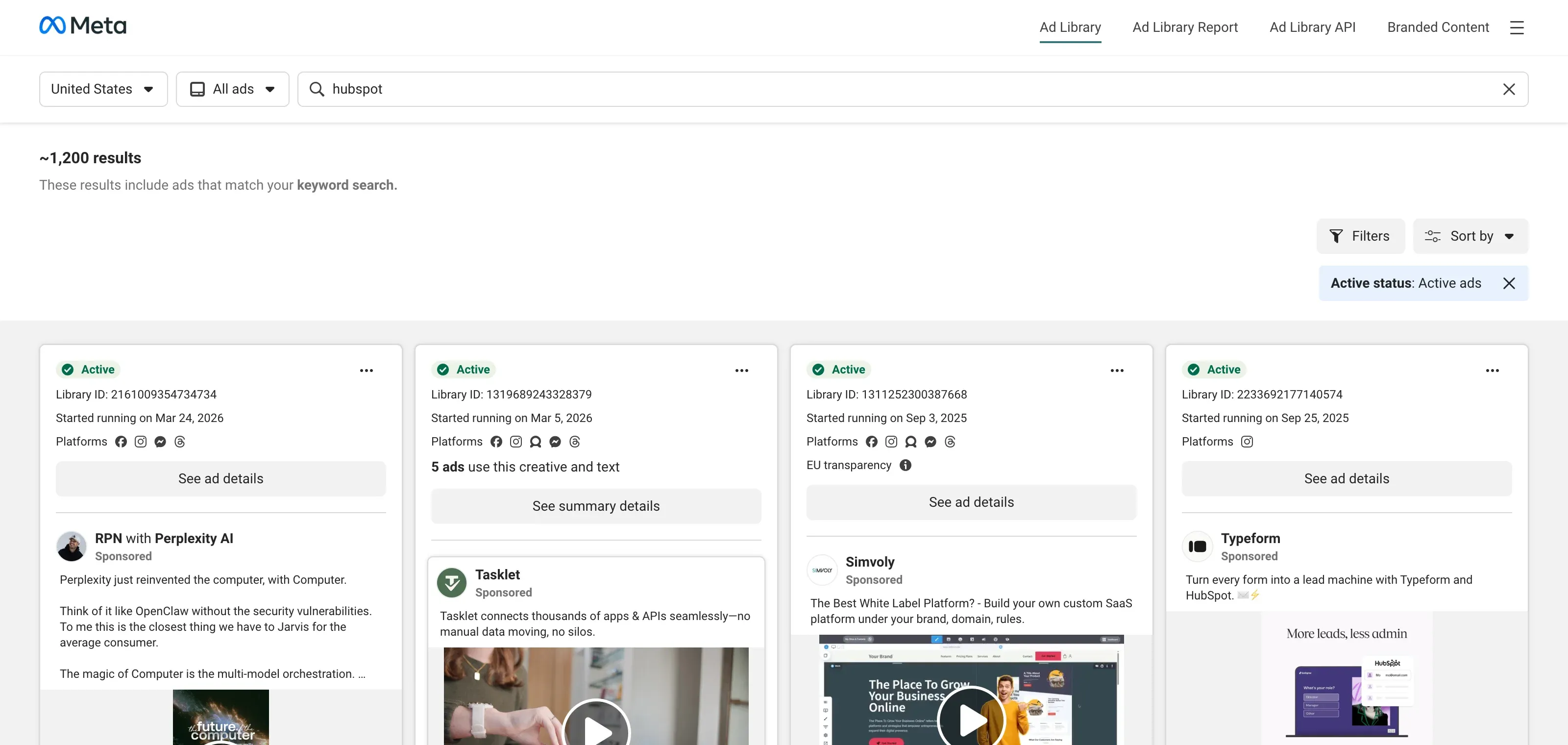 Meta Ad Library search results for HubSpot showing active Facebook and Instagram ads