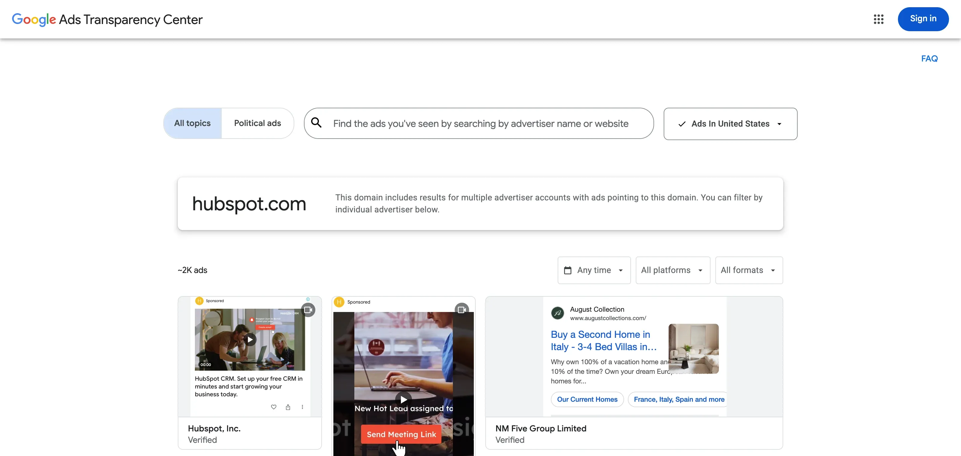Google Ads Transparency Center showing active HubSpot ads across Google properties