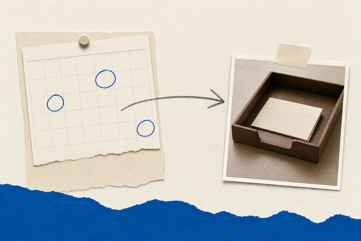 Collage of a blank calendar grid with three review days circled and an arrow to an inbox tray holding one paper note