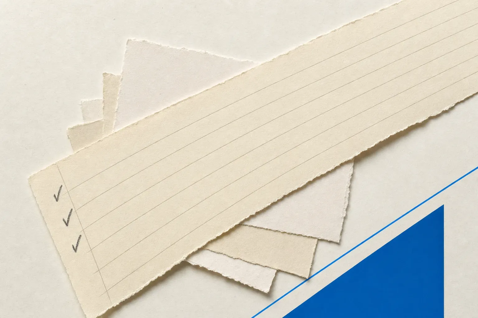 Blank ruled ledger strip with three pencil ticks lying over a fan of torn paper cards