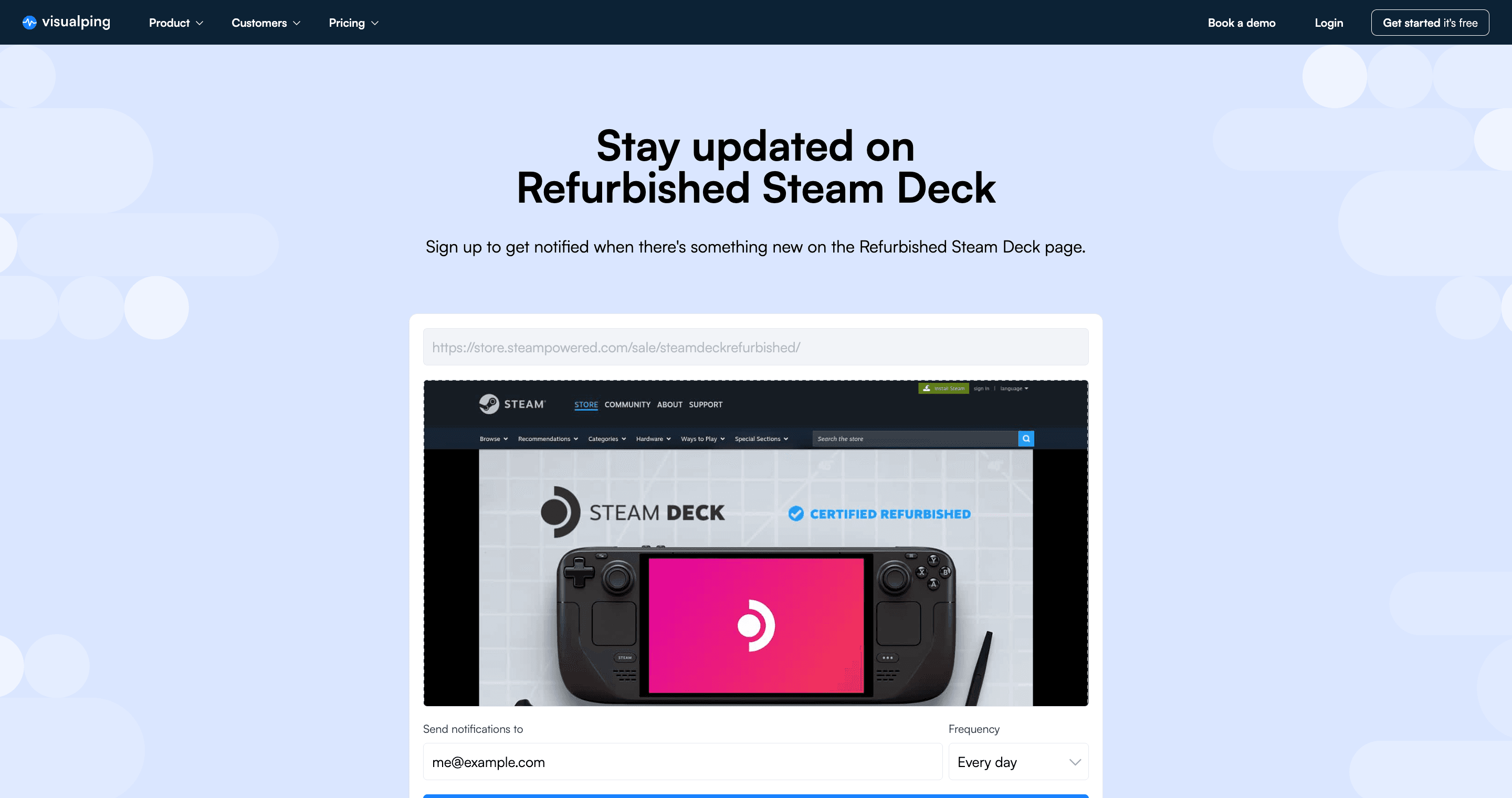 Email field filled with an address on the Visualping Steam Deck alerts page, with the frequency set to daily and the "Notify me when page is updated" button ready to click