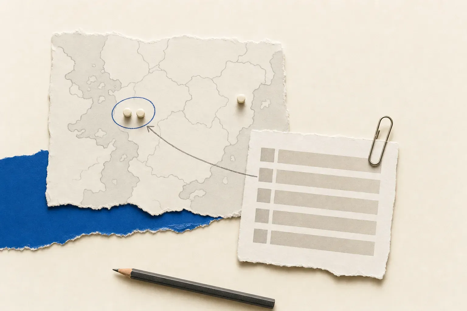 Illustration of market-entry KIQ evidence using a map, location pins and a source-page card