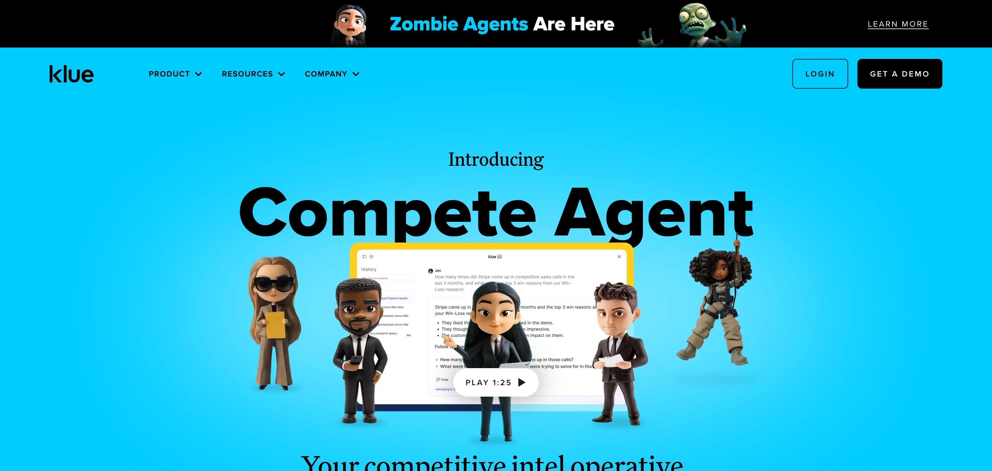 Klue competitive intelligence and win-loss platform homepage showing Compete Agent product
