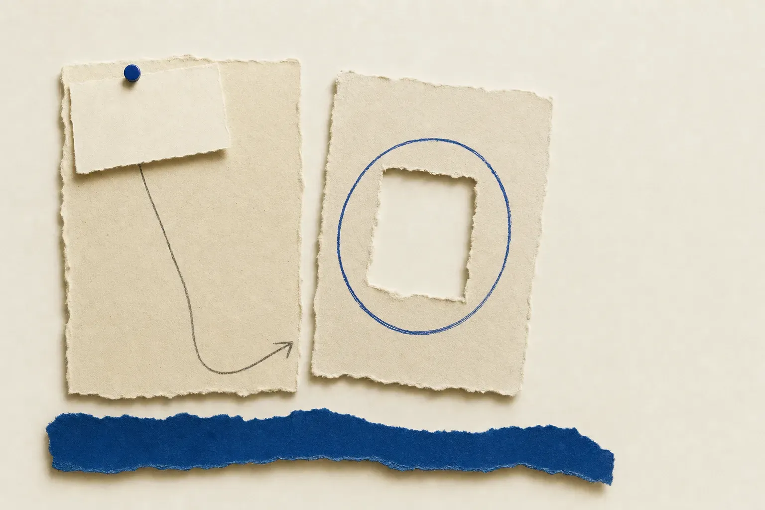 Torn paper card with a blank pinned label beside one with an empty circled square
