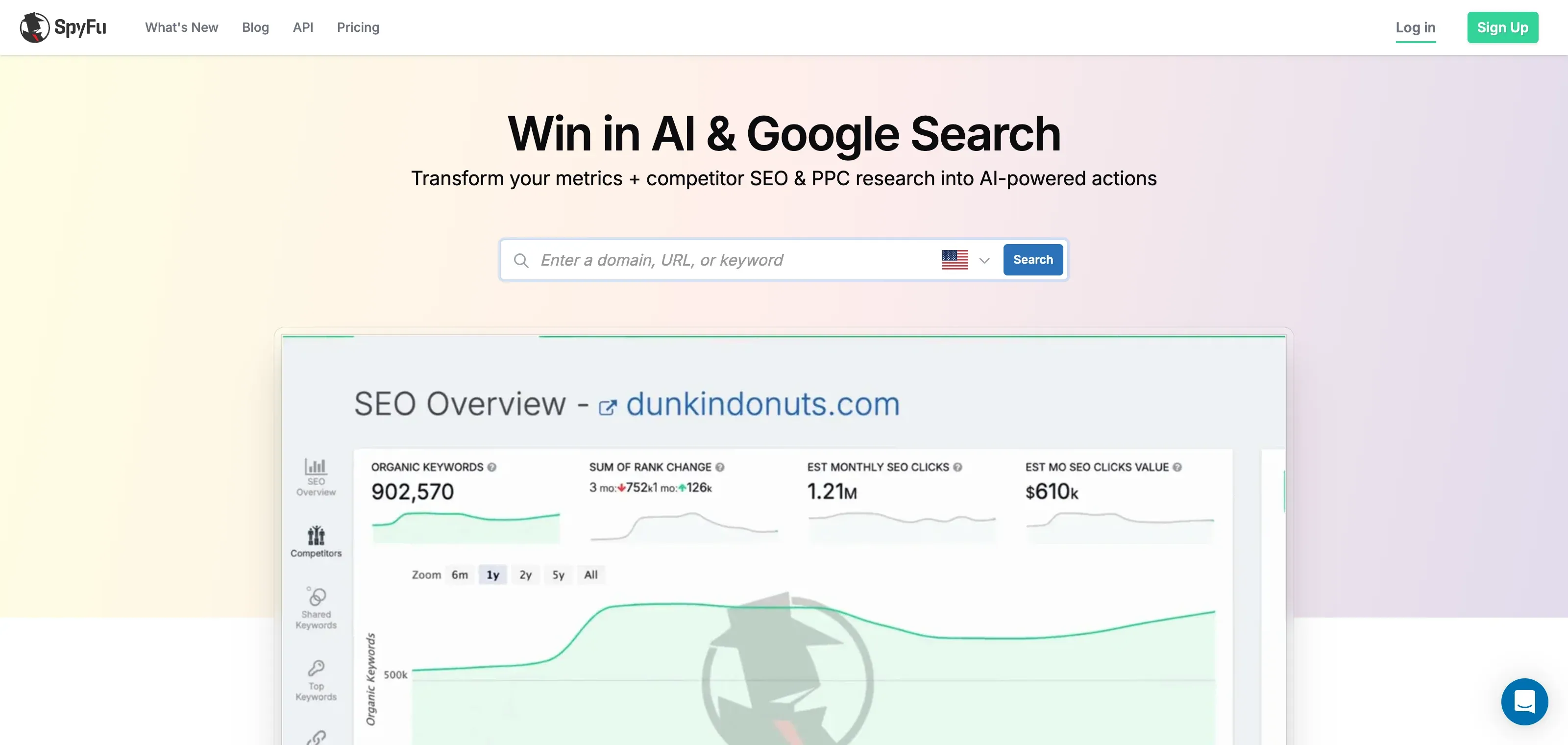 SpyFu homepage showing competitor Google Ads keyword research interface