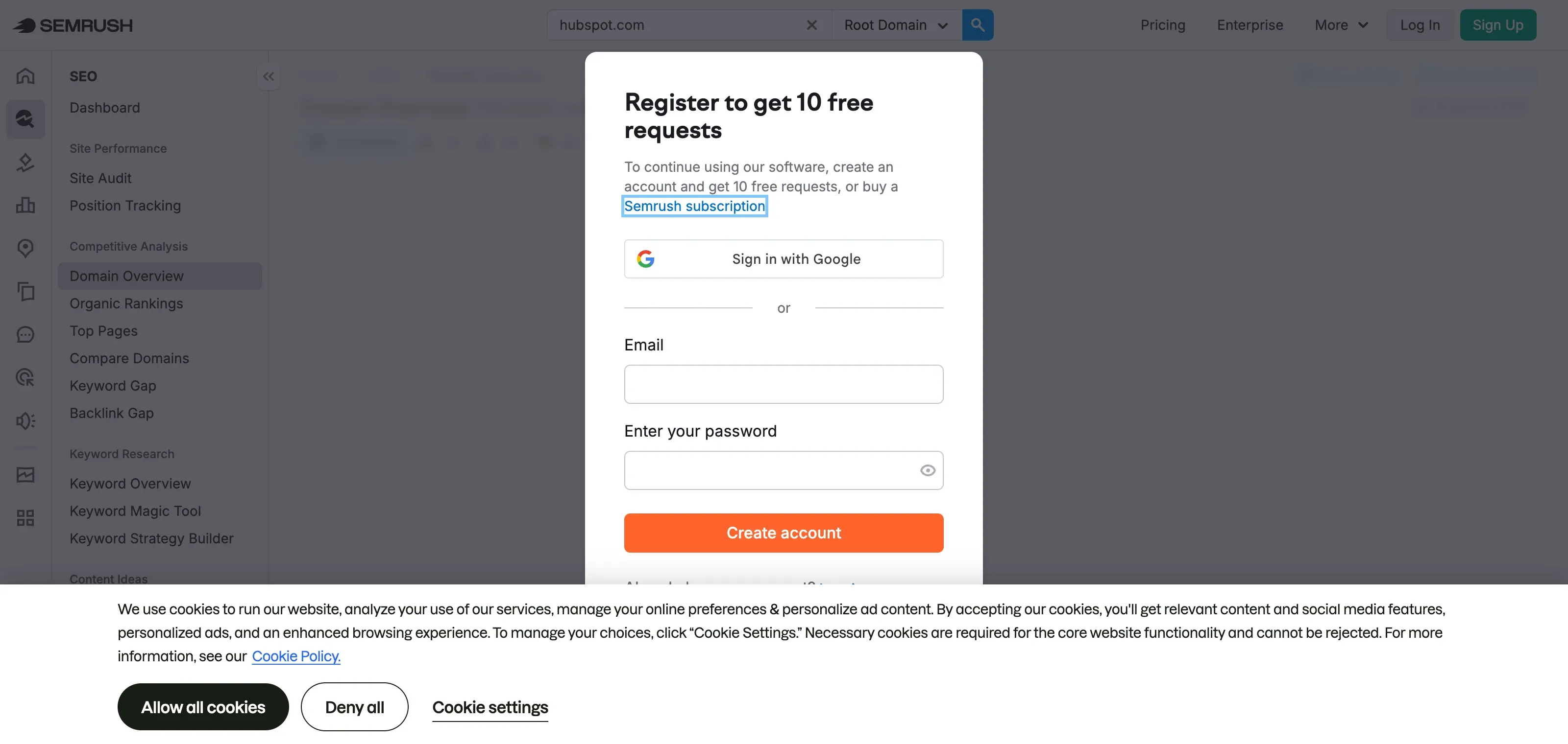 Semrush domain overview for hubspot.com showing traffic authority and keyword data