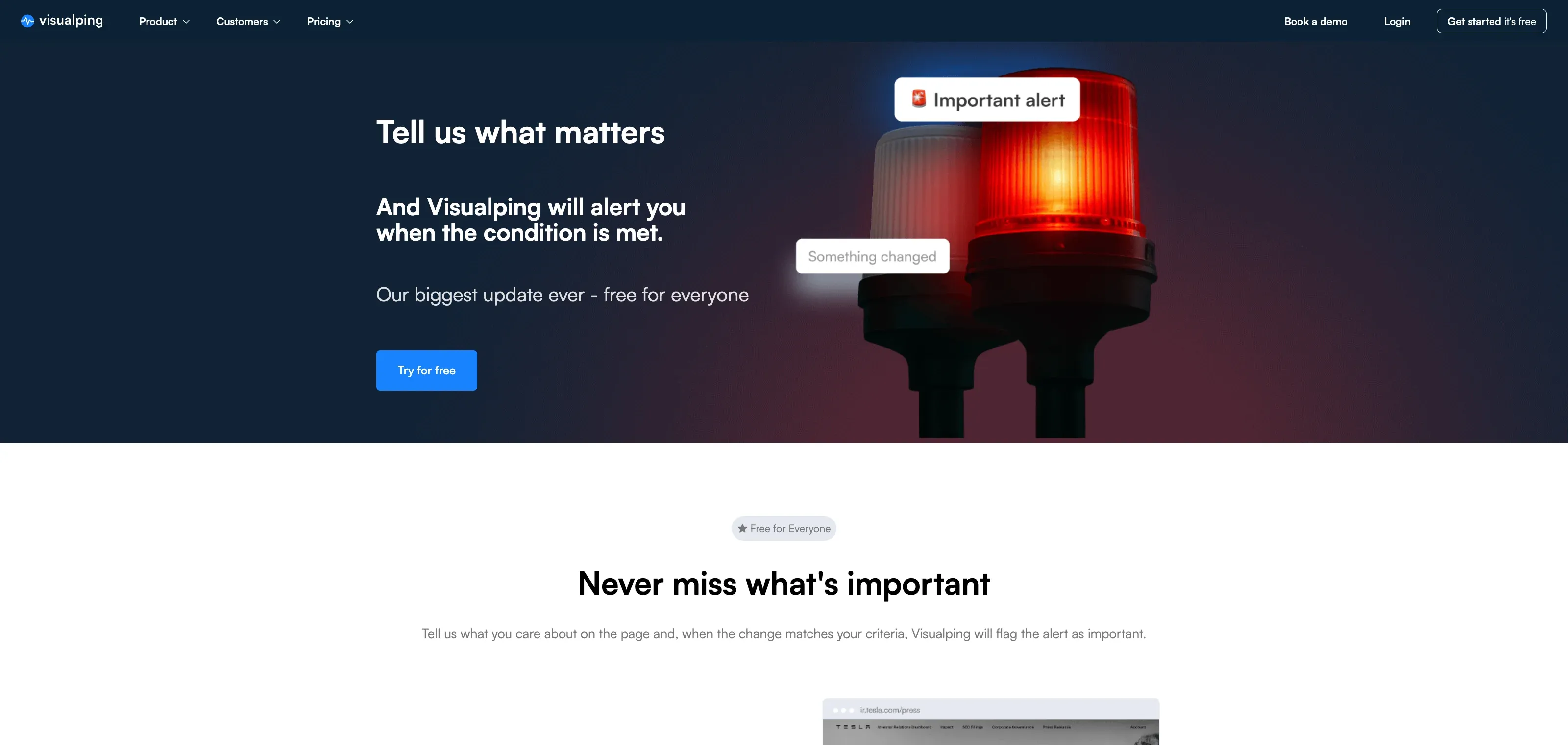 Visualping AI product page showing change summarization and importance classification features