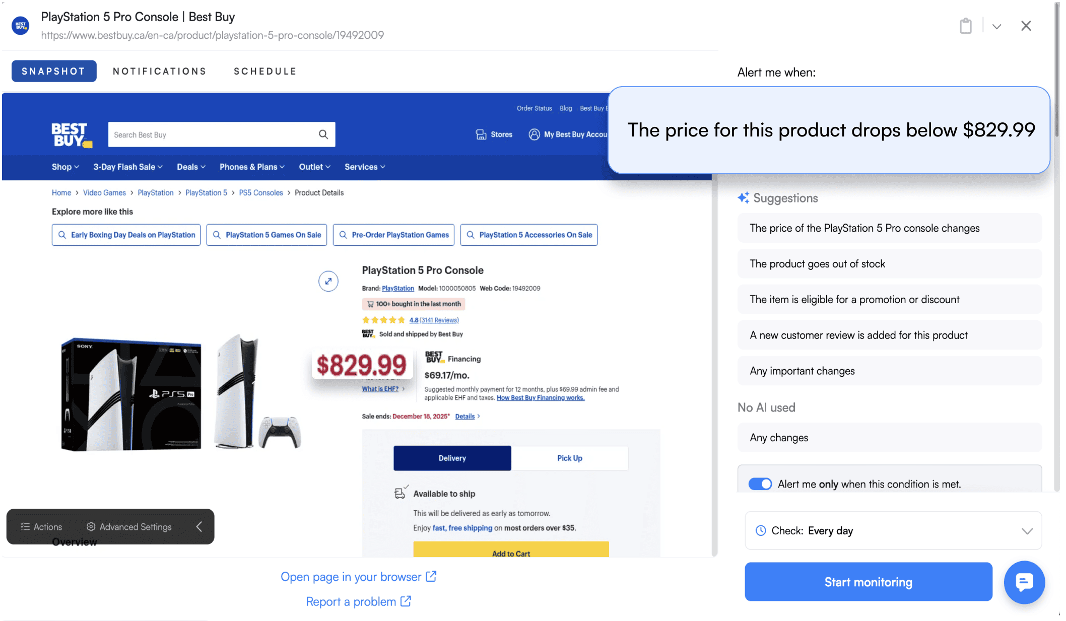 A Visualping dashboard showing a Best Buy product listing of a PS5