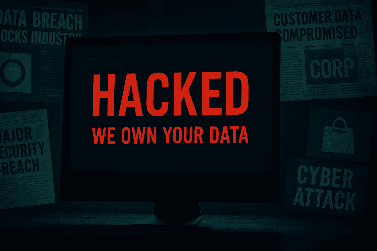 A computer screen displaying a hacked website with a prominent defacement message, surrounded by distressed business logos and negative news headlines