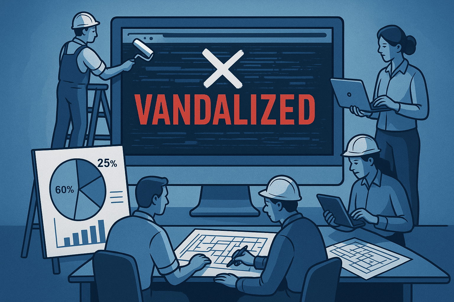 A computer screen displaying a vandalized website, with a team of technicians working to restore it while analyzing the cost of troubleshooting and remediation