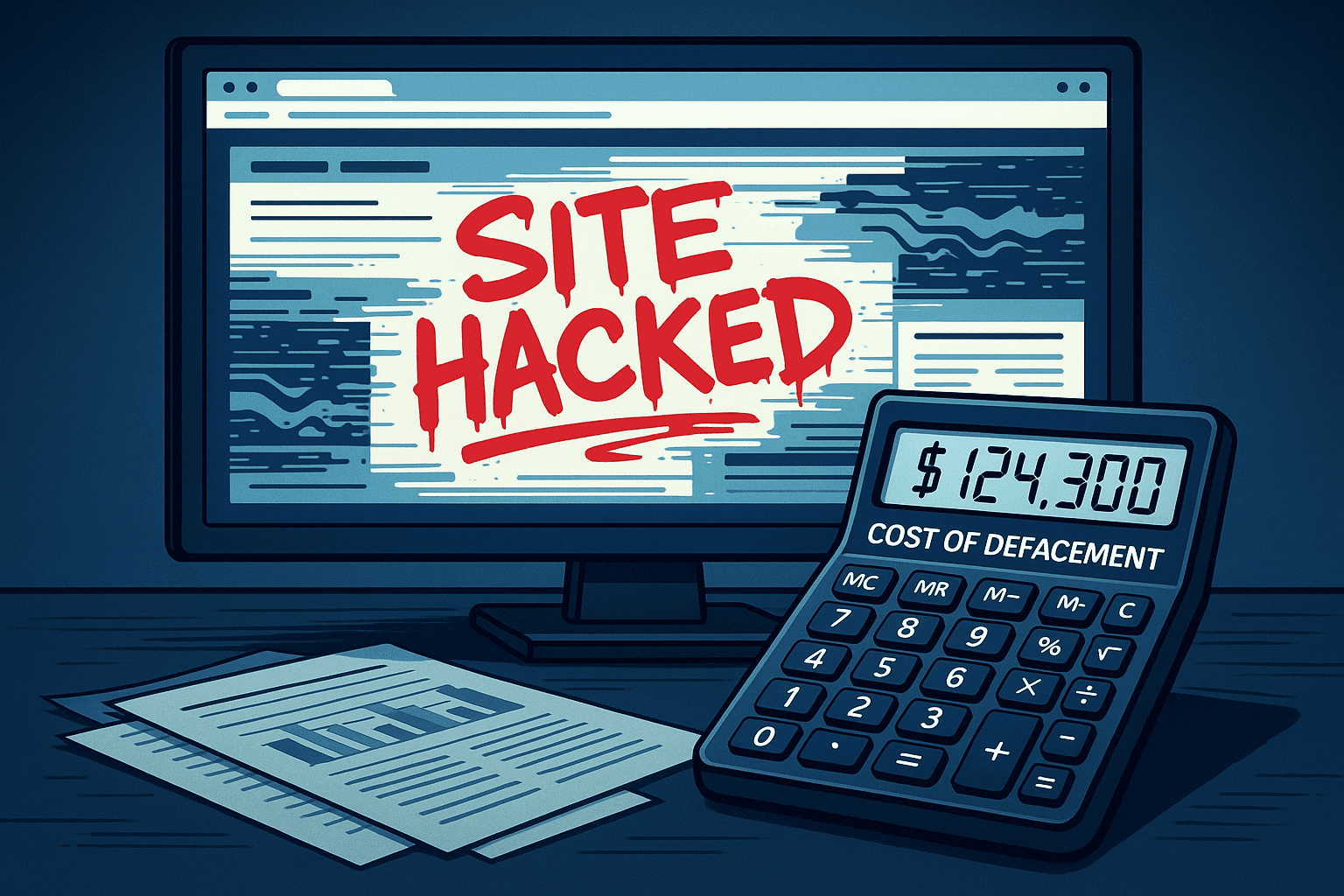 A computer screen displaying a website with distorted and vandalized graphics, while a calculator shows a tally of the cost of website defacement