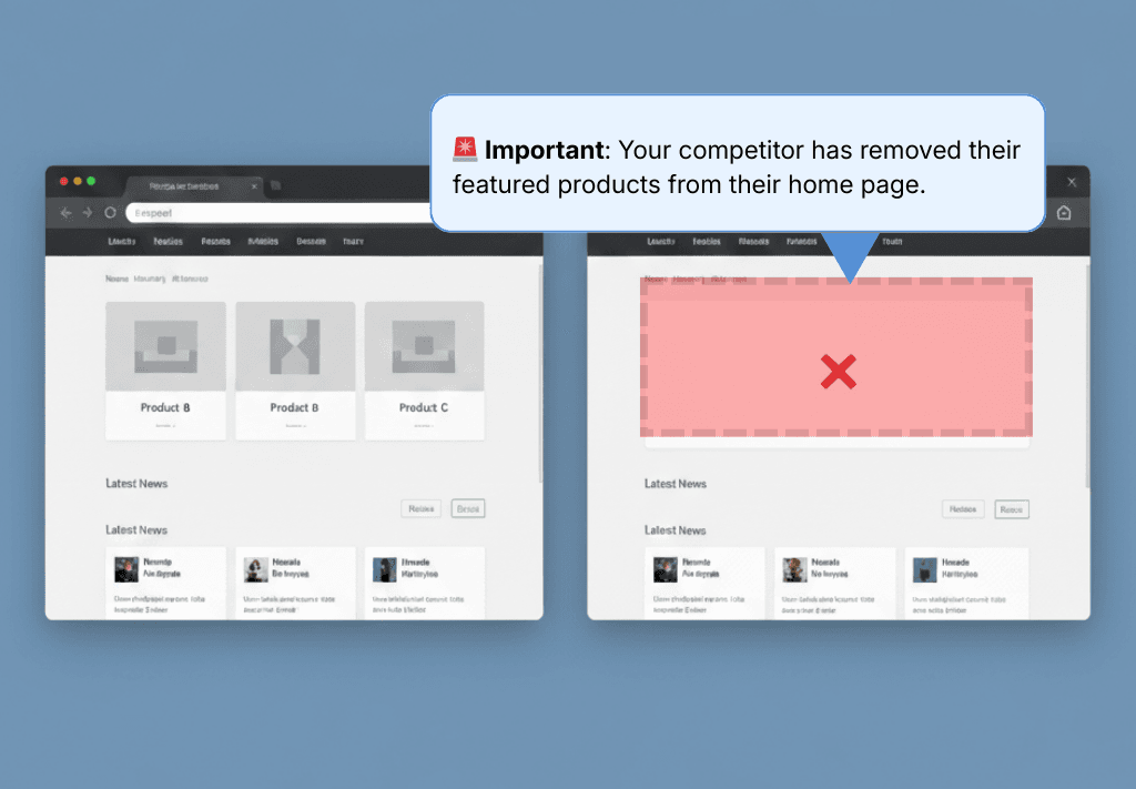Before and after comparison showing detected changes on a competitor homepage