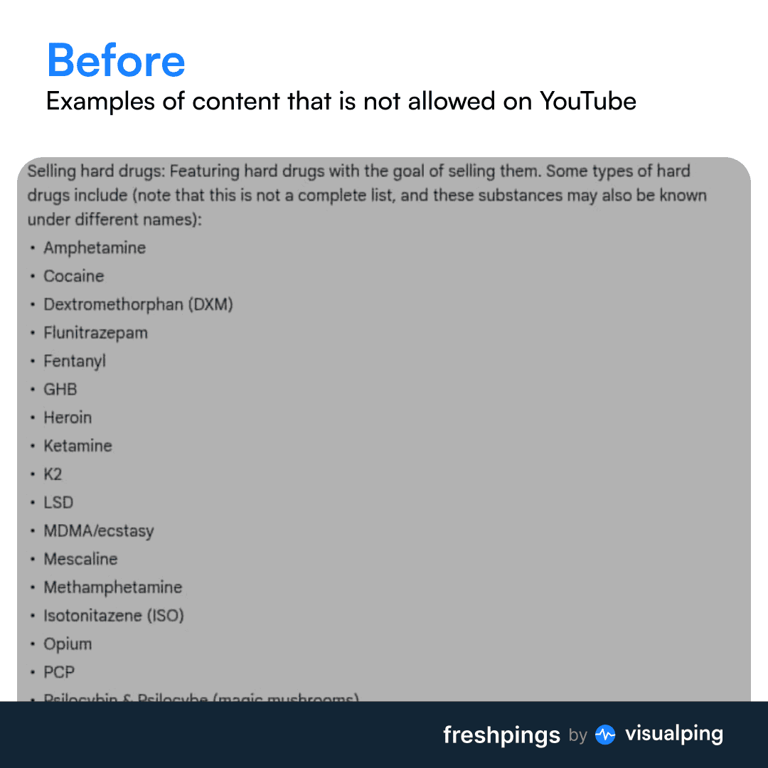 A screenshot showing the before screenshot of examples of restricted content on YouTube