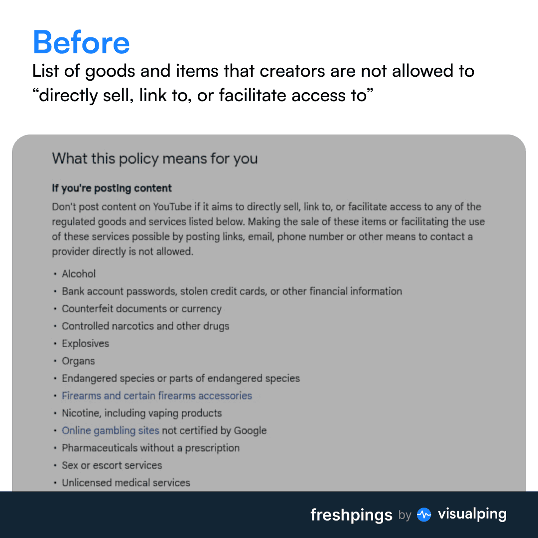A screenshot showing the before screenshot of the YouTube policies page