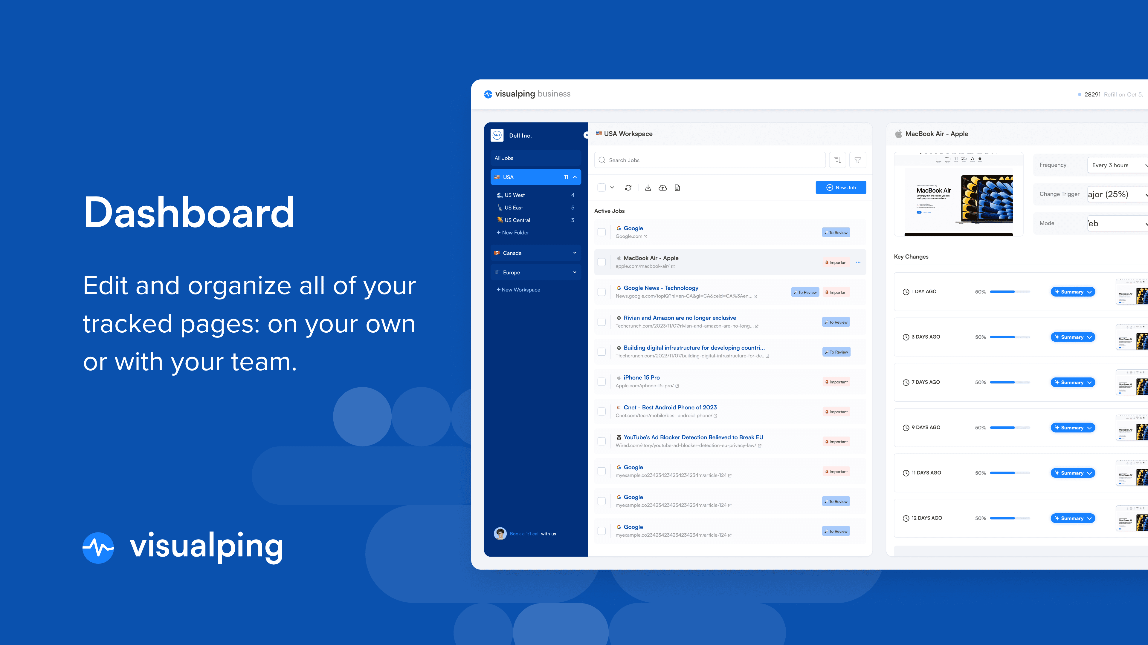Visualping dashboard showing change history with Important tags and AI summaries