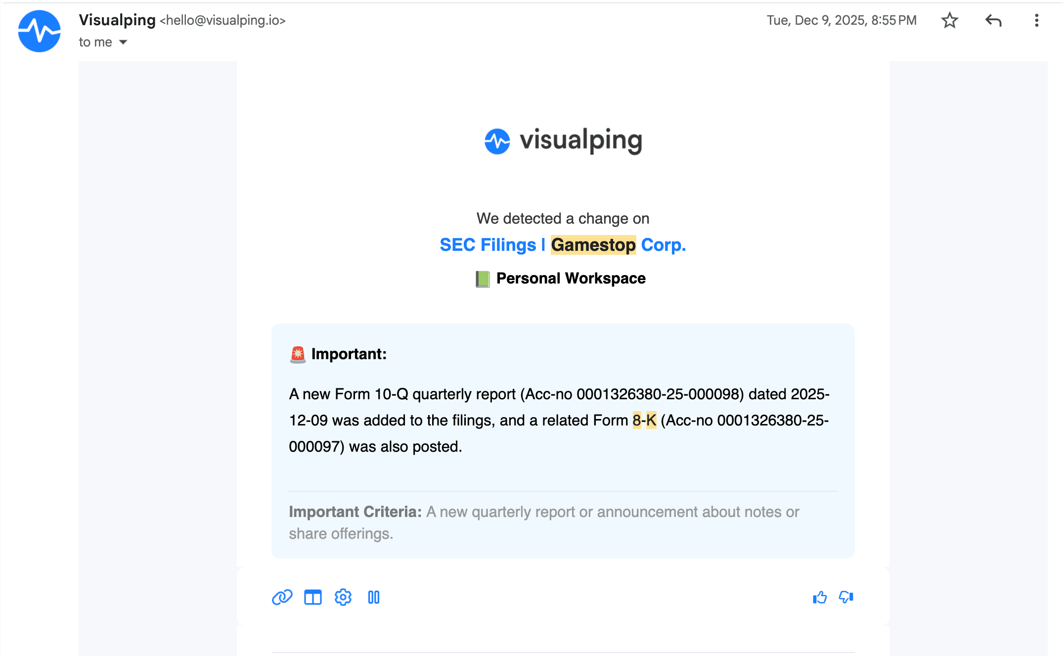 Visualping SEC change alert email showing detected regulatory filing update