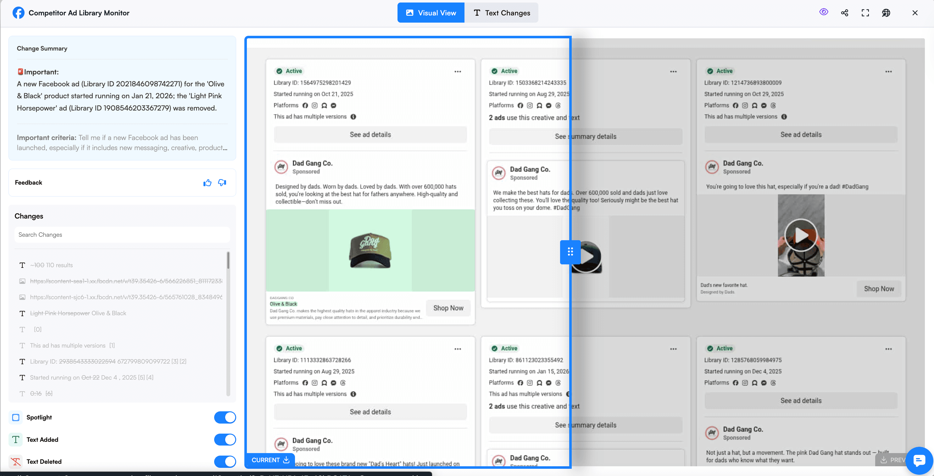 Side-by-side comparison showing two competitor ad screenshots - one from 3 months ago featuring product specs and technical language, and one current ad featuring lifestyle imagery and emotional messaging - with annotations highlighting the positioning sh