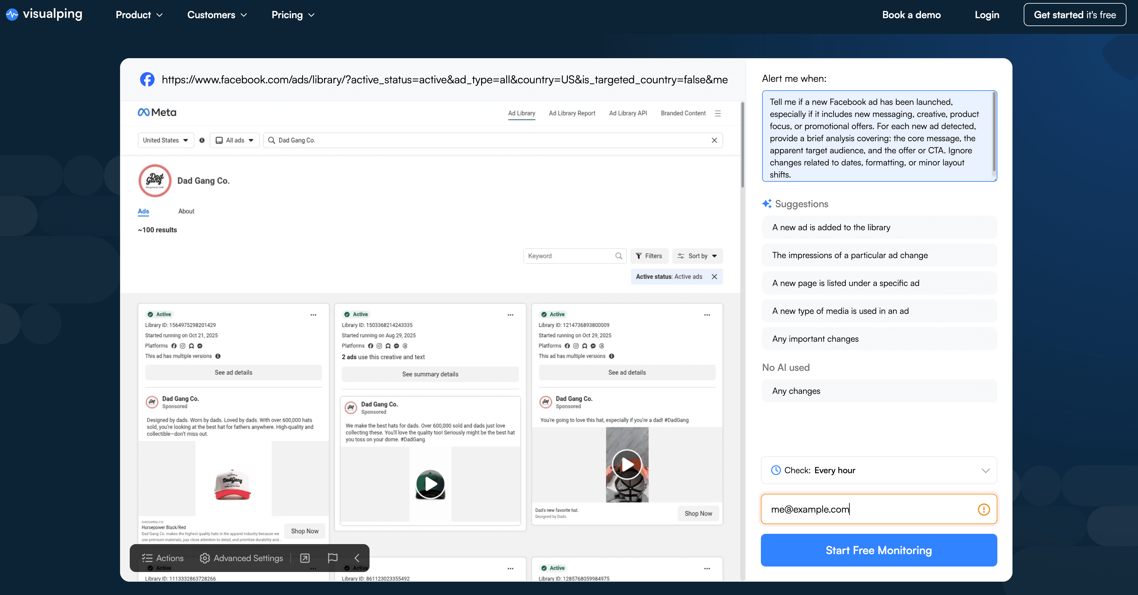 Screenshot of Visualping's monitor creation screen showing the URL input field with a Meta Ad Library URL pasted, the frequency dropdown menu expanded to show options (hourly, daily, weekly), and the "Create Monitor" button