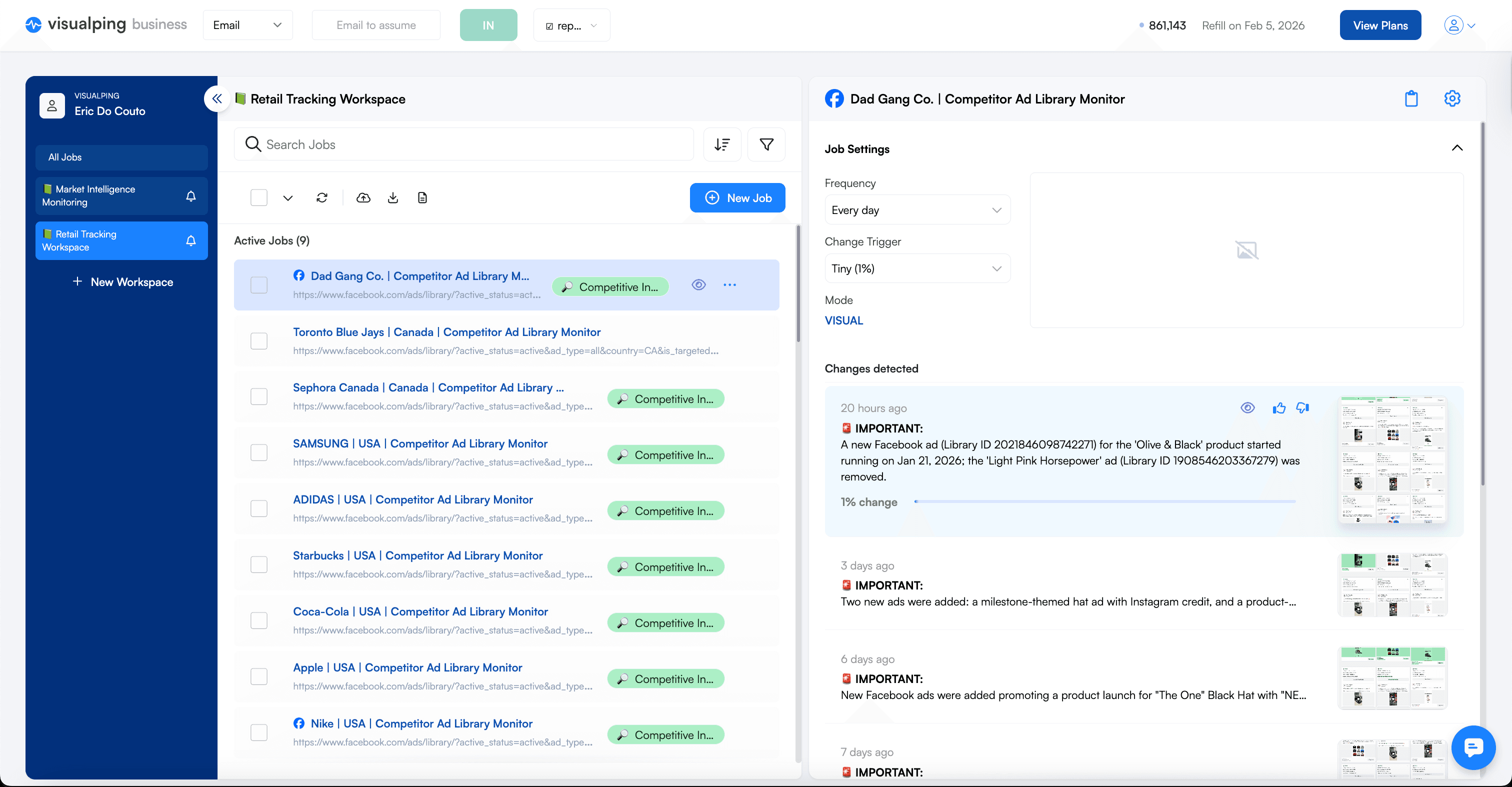 Screenshot of Visualping dashboard showing multiple active monitors in a list view, each displaying a competitor name, the Meta Ad Library URL being monitored, check frequency, and last change detected date