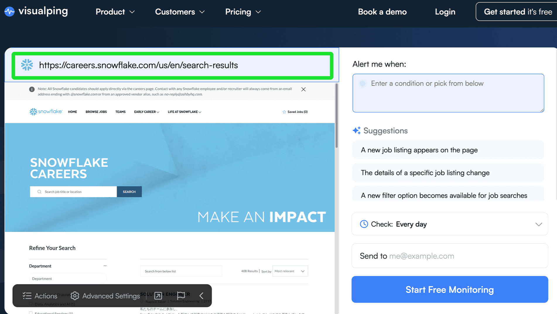 A screenshot showing the job set up creator on Visualping's home page