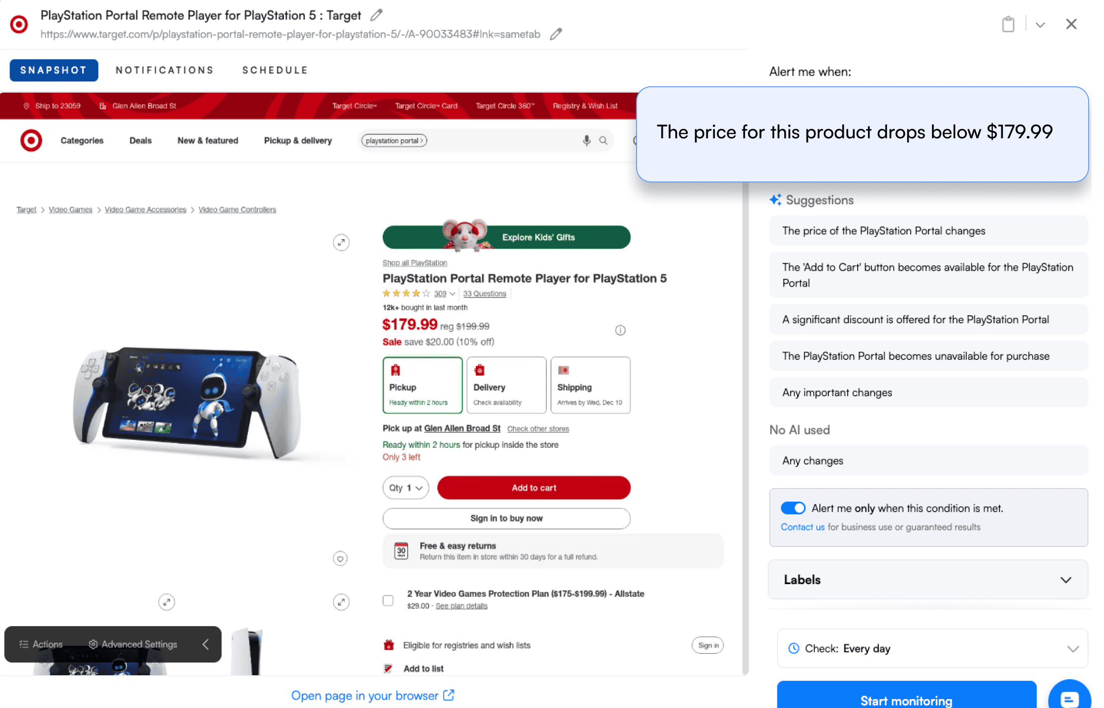 A screenshot of Visualping's job creation dashboard