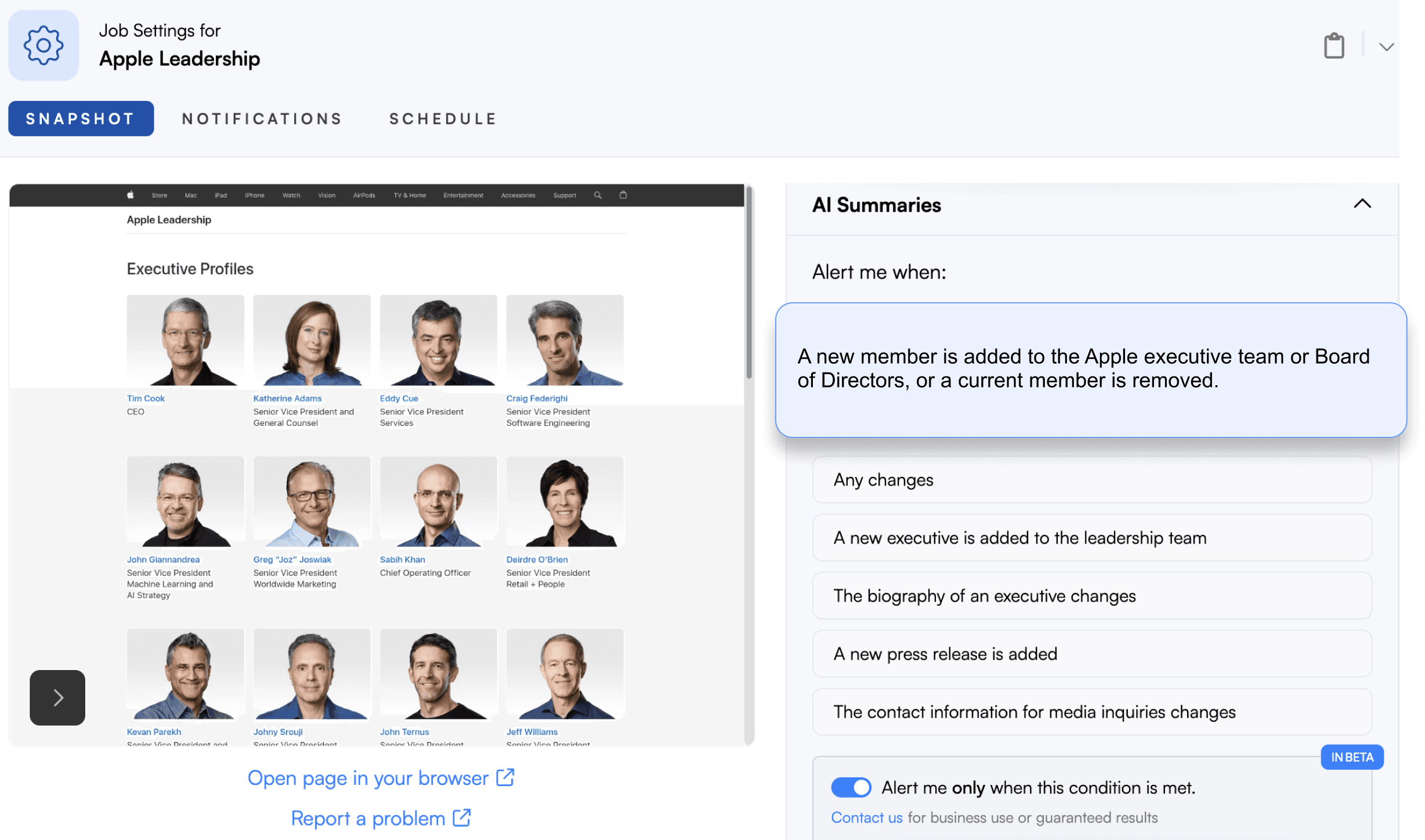 A screenshot of Visualping's job creation dashboard