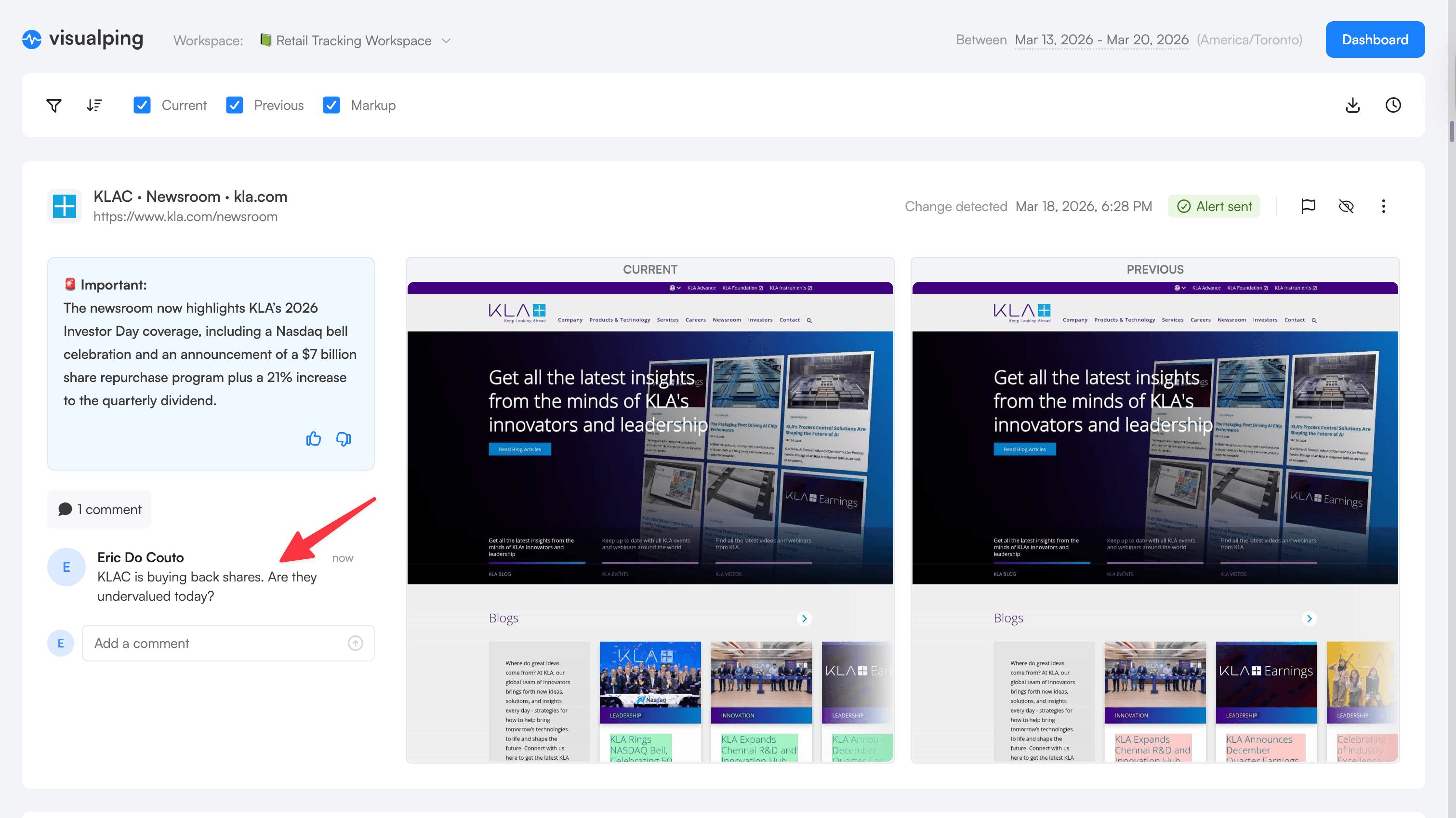 Visualping Reports annotation showing a comment thread on a detected change with AI summary, visual diffs, and team discussion