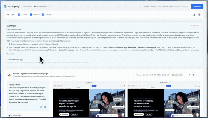 Visualping Reports full briefing showing AI summary with competitive intelligence analysis and individual change entries with visual diffs