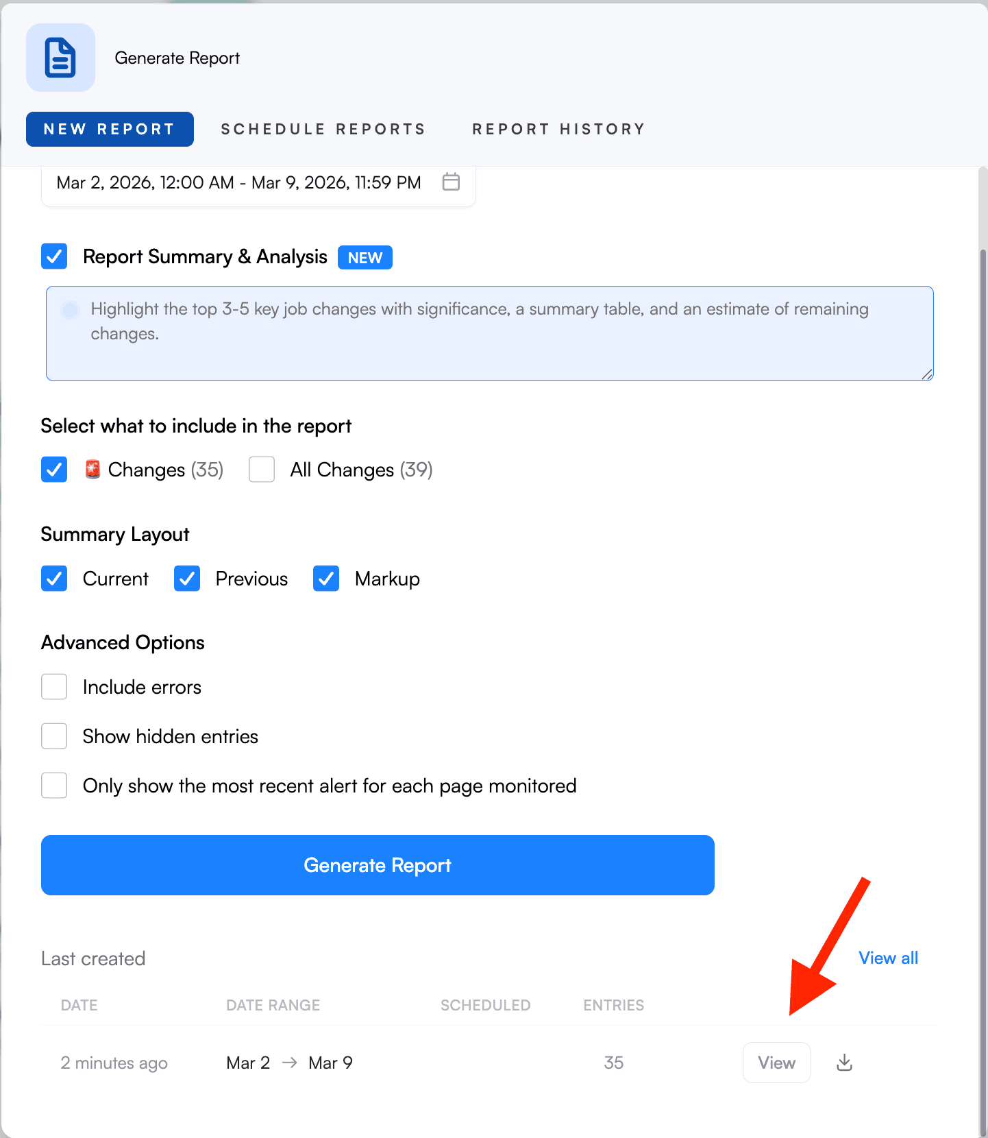 Visualping Reports panel showing generated report in Last Created section with View and download options