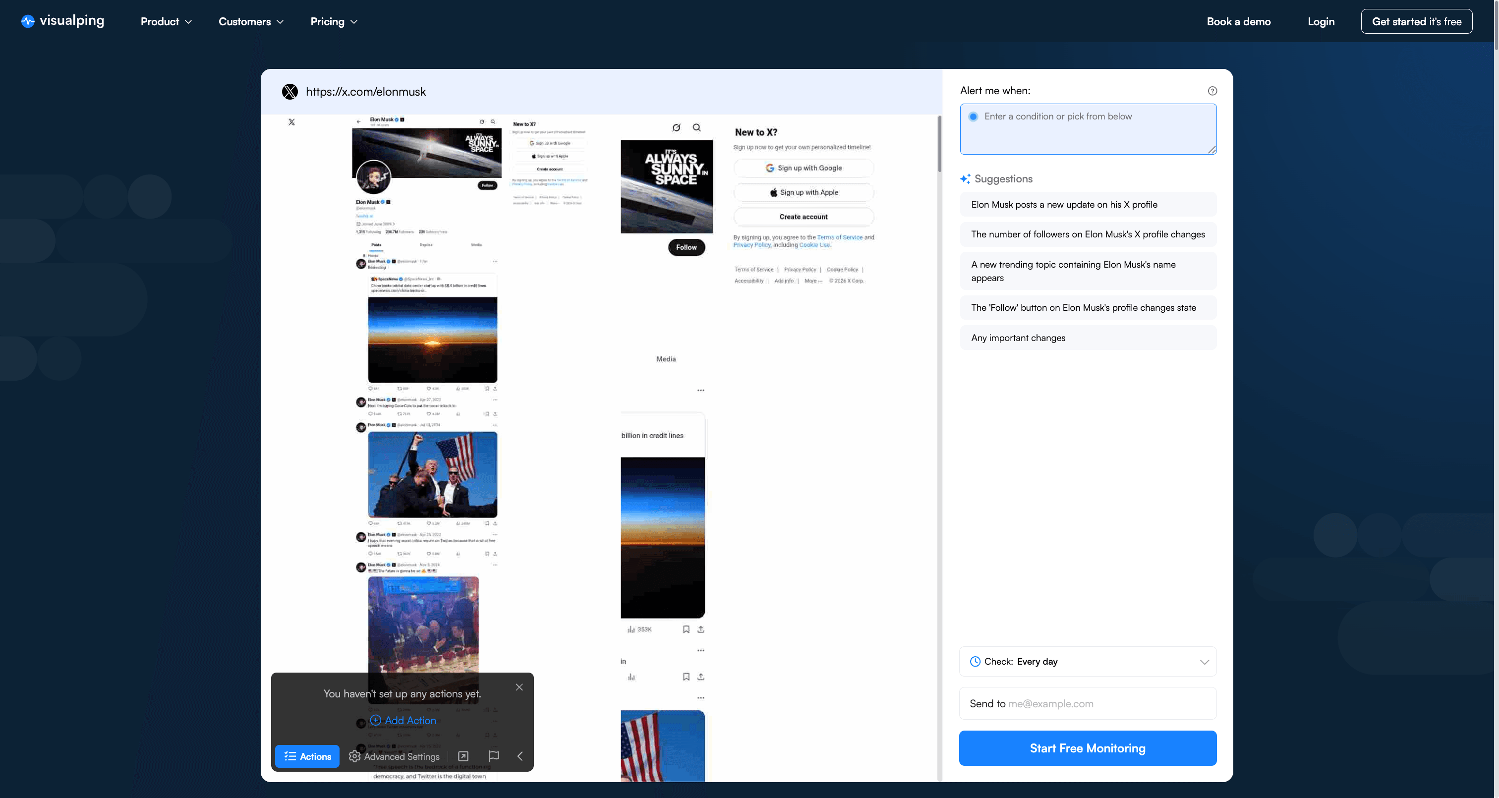 Visualping Actions panel open on the @elonmusk X profile snapshot showing an empty action list and an Add Action button