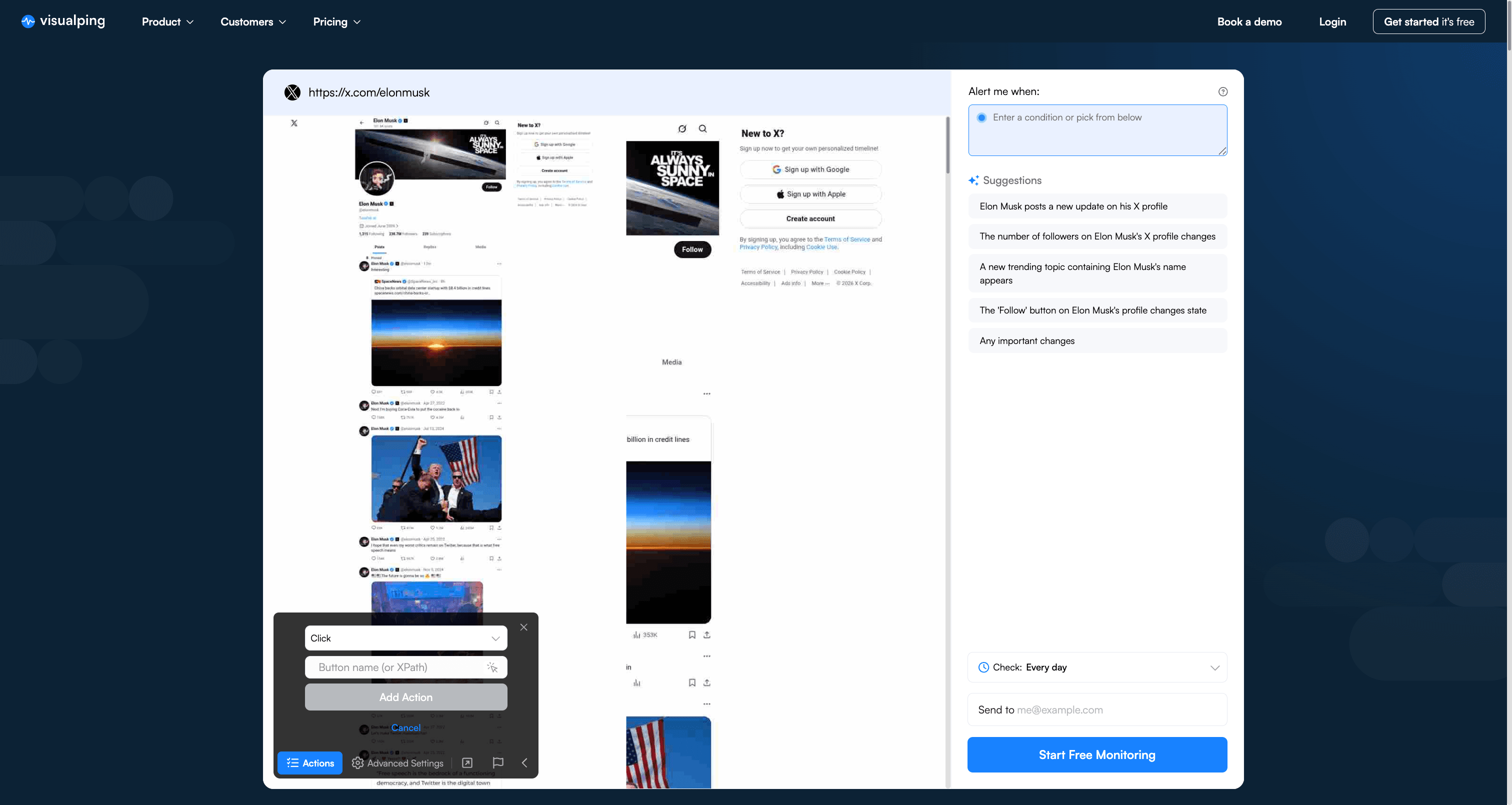 Visualping Add Action form with an action type dropdown set to Click and a target button name or XPath input