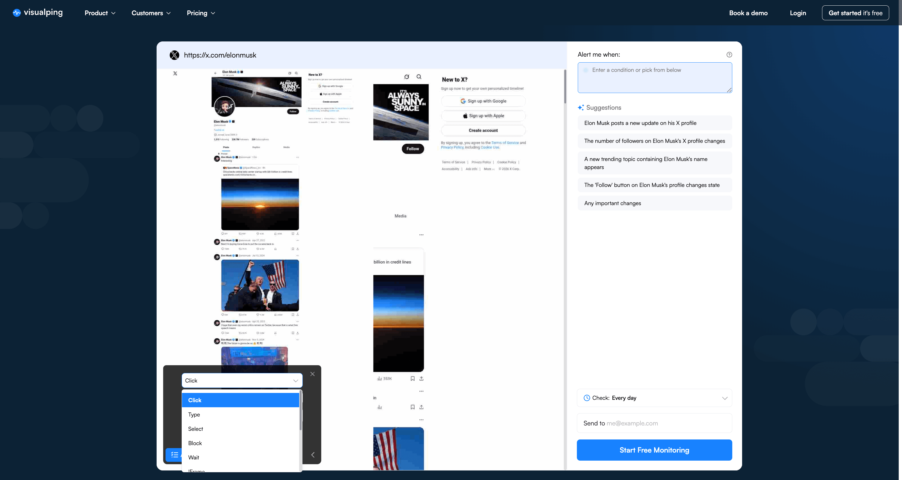 Visualping action type dropdown showing eleven options Click Type Select Block Wait IFrame Cookie Refresh Scroll Go to Script