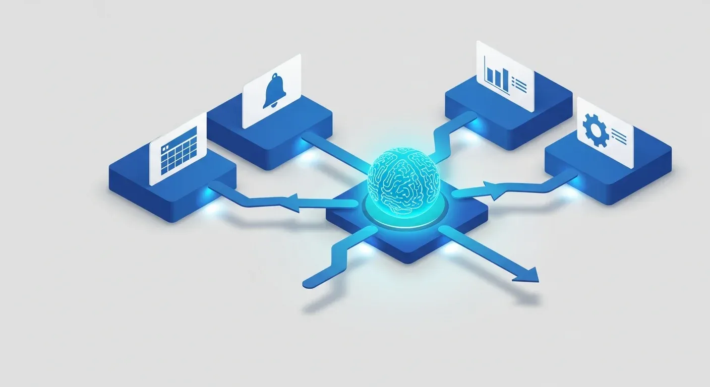 Isometric brain processing node distributing data to spreadsheet notification chart and automation outputs