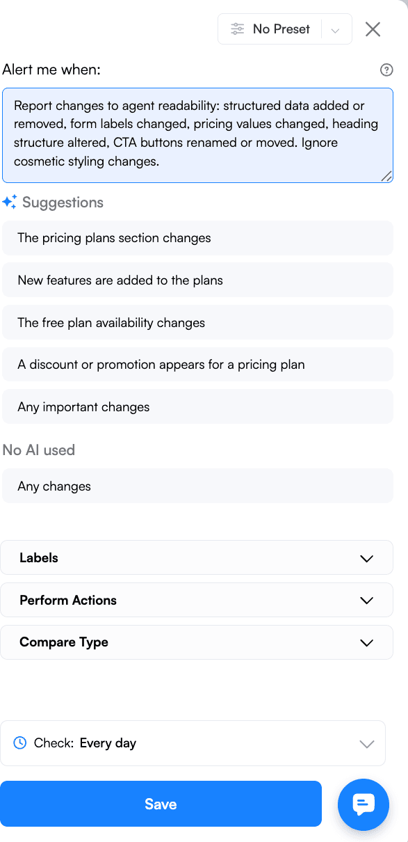 Visualping job settings showing the Alert me when prompt field with a real prompt that includes criteria and explicit ignore rules