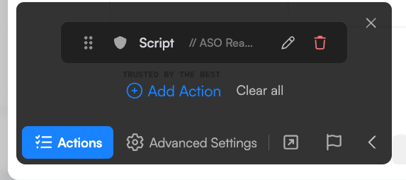 Visualping Actions panel on a live job with a Script attached, showing the Add Action control and the Actions tab toolbar