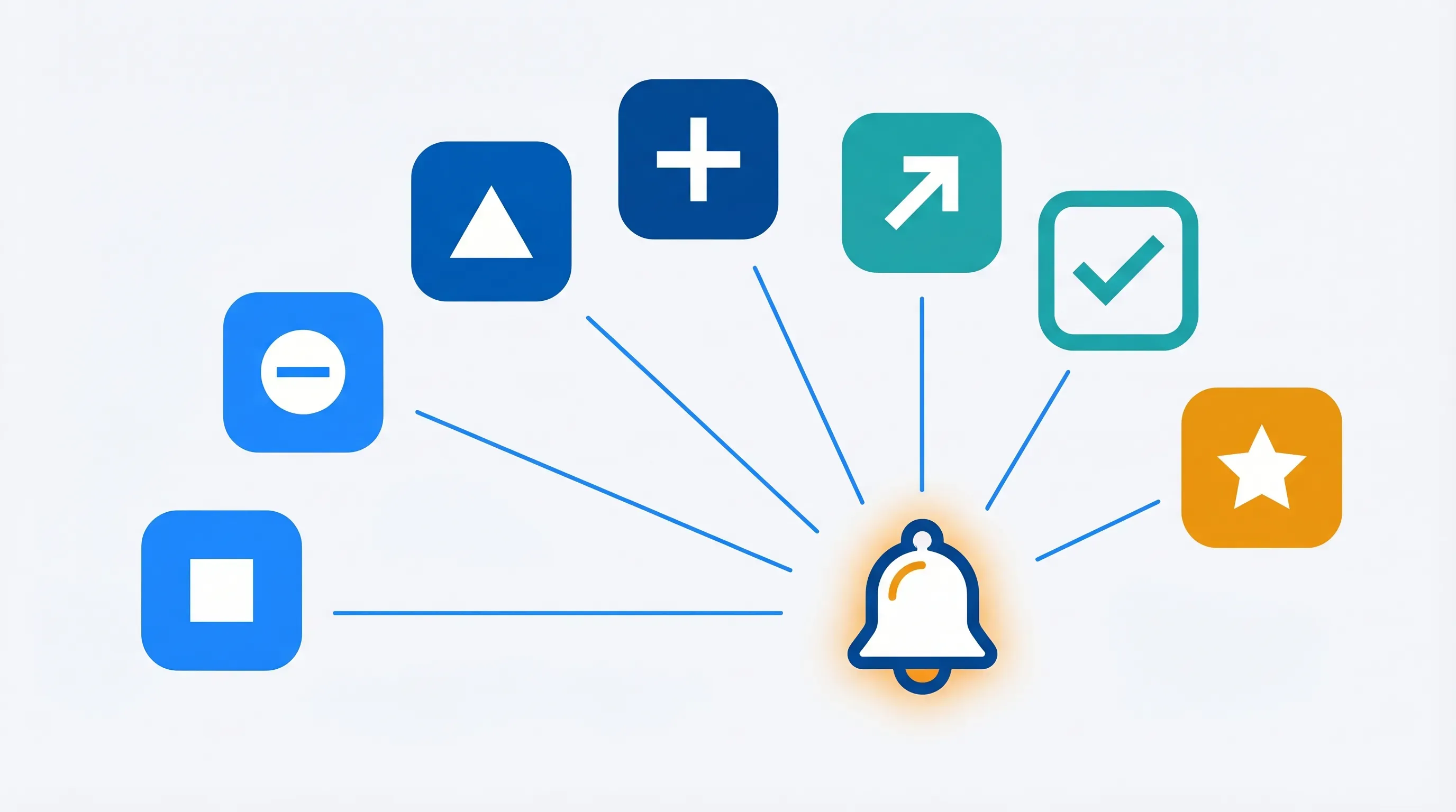 Seven AI website monitoring tool icons arranged around a central alert hub