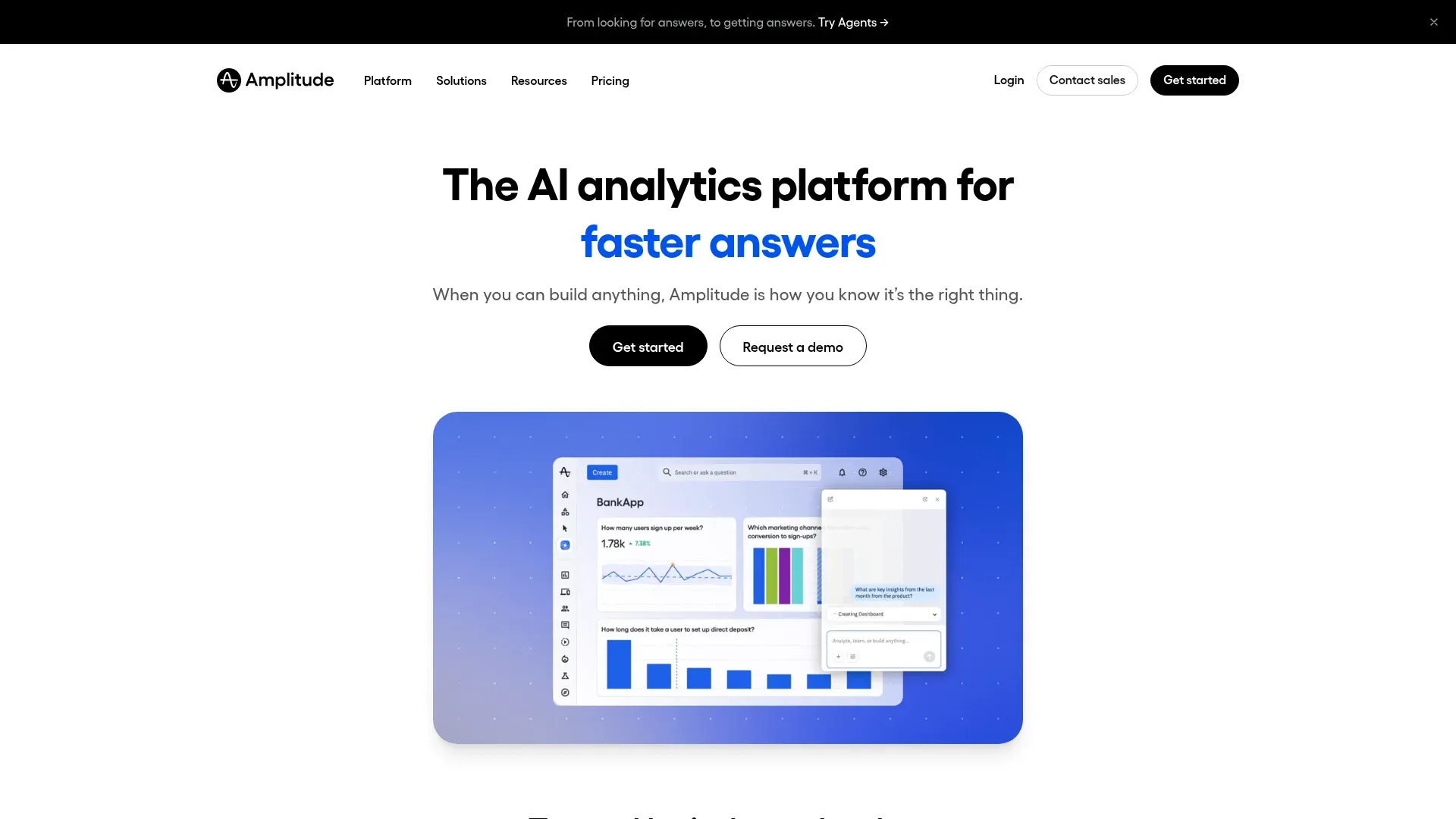 Amplitude analytics homepage showing behavioral data insights and AI-powered product analytics