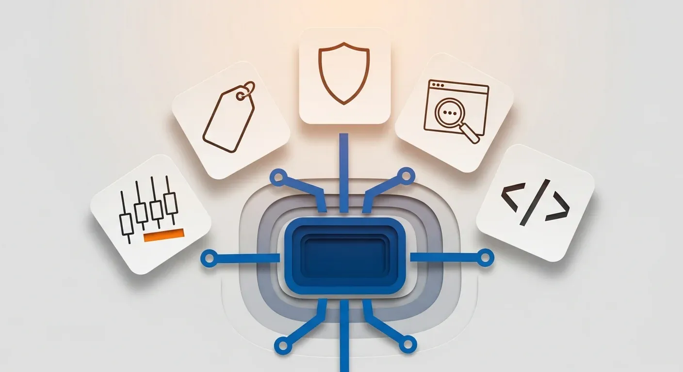 Central integration hub connected to five use case cards for pricing compliance monitoring research and code