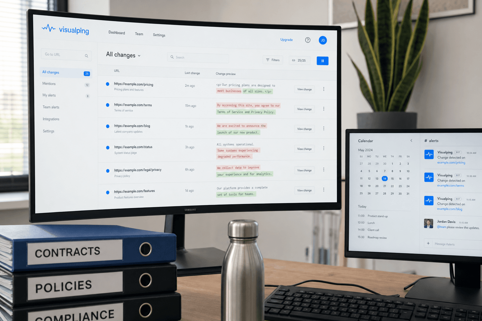 Enterprise website monitoring dashboard showing tracked URLs with change diffs, used by teams running compliance and competitive intelligence workflows