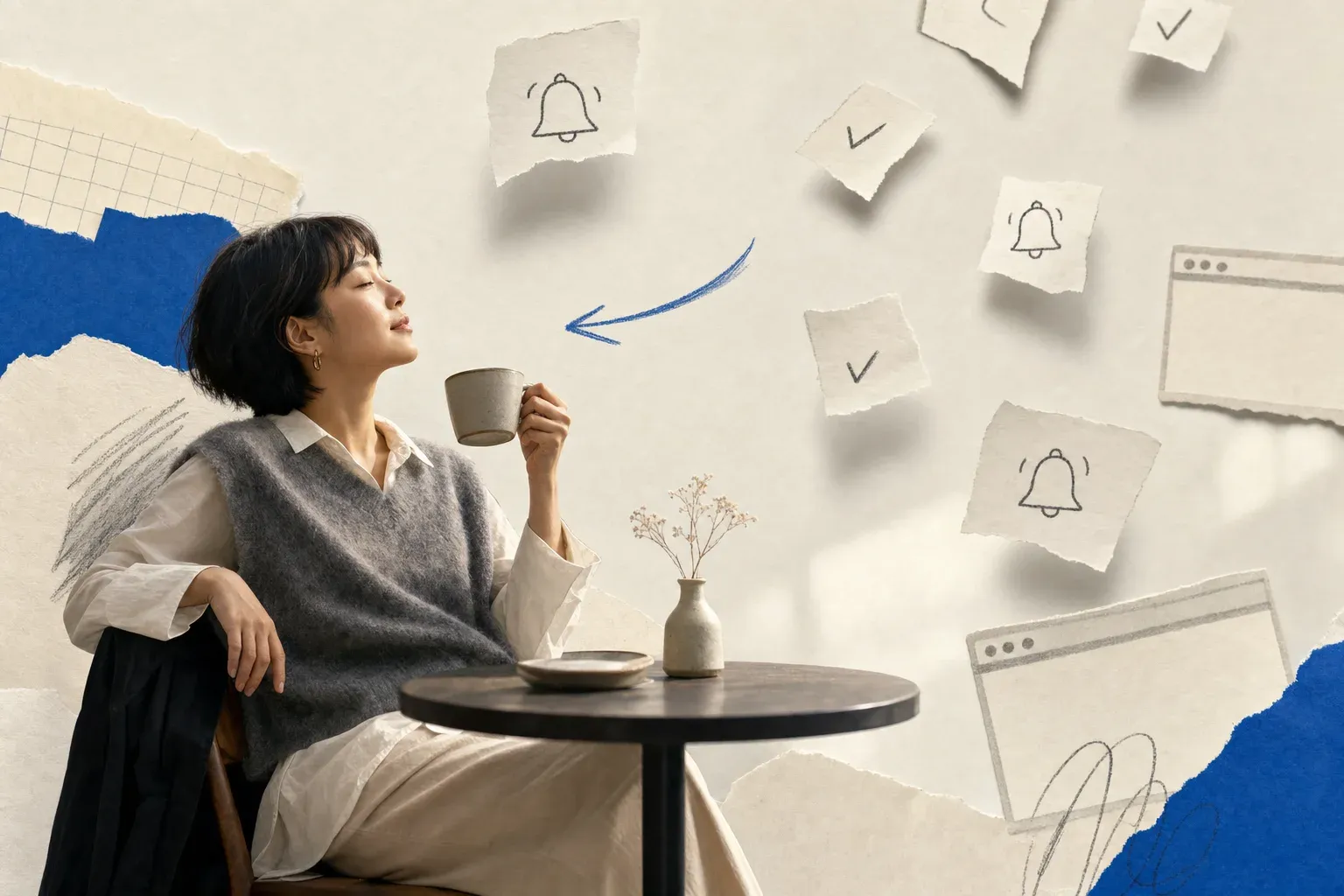 Person relaxing at a cafe while paper notification slips arrive in the background representing automated website monitoring