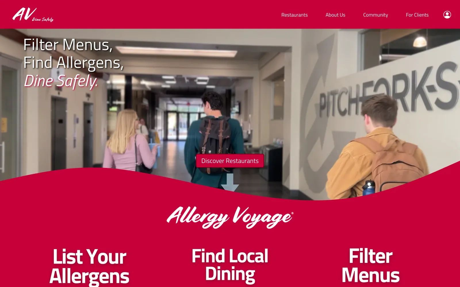 The Allergy Voyage website, where diners filter menus and find allergens