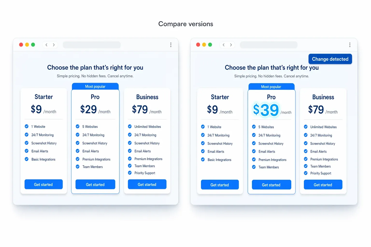 Side-by-side competitor pricing page before and after with change-detected badge