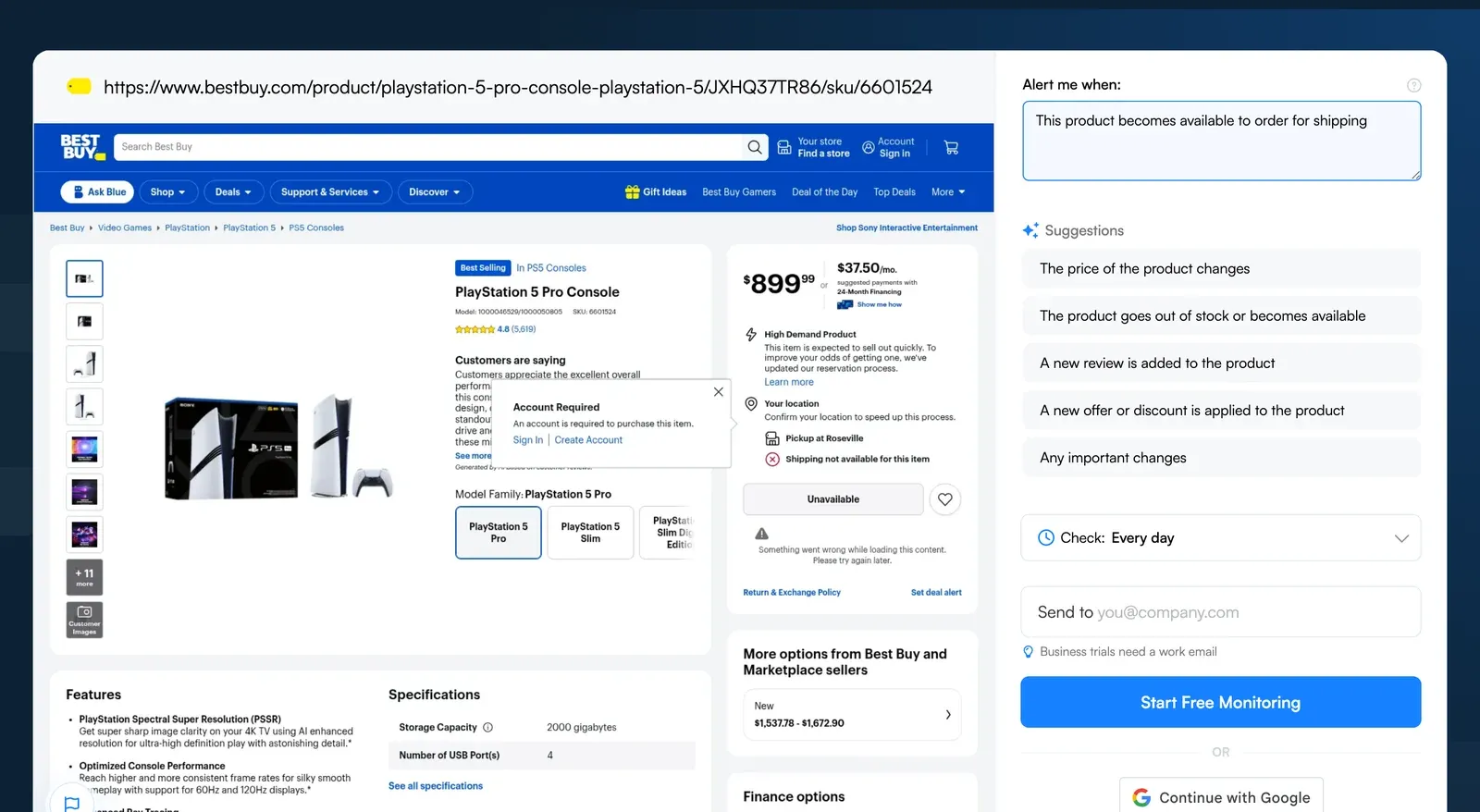 Best Buy PS5 Pro product page in the Visualping monitor creator with a shipping availability condition