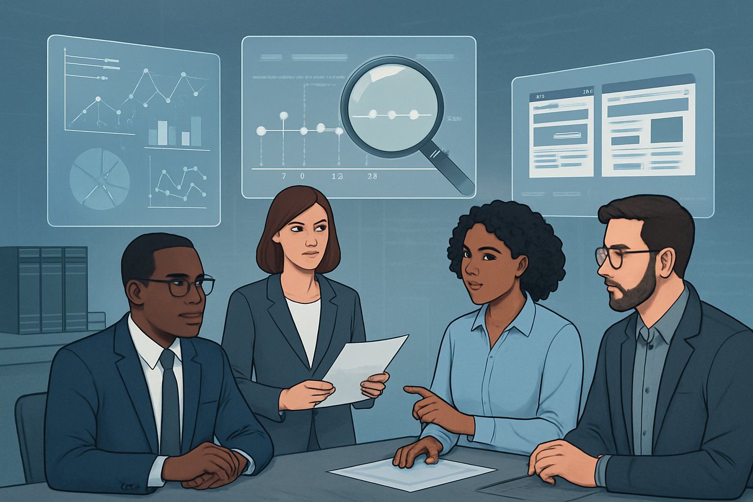 A group of professionals reviewing digital data and website snapshots on floating screens in an office, analyzing evidence related to domain name disputes.