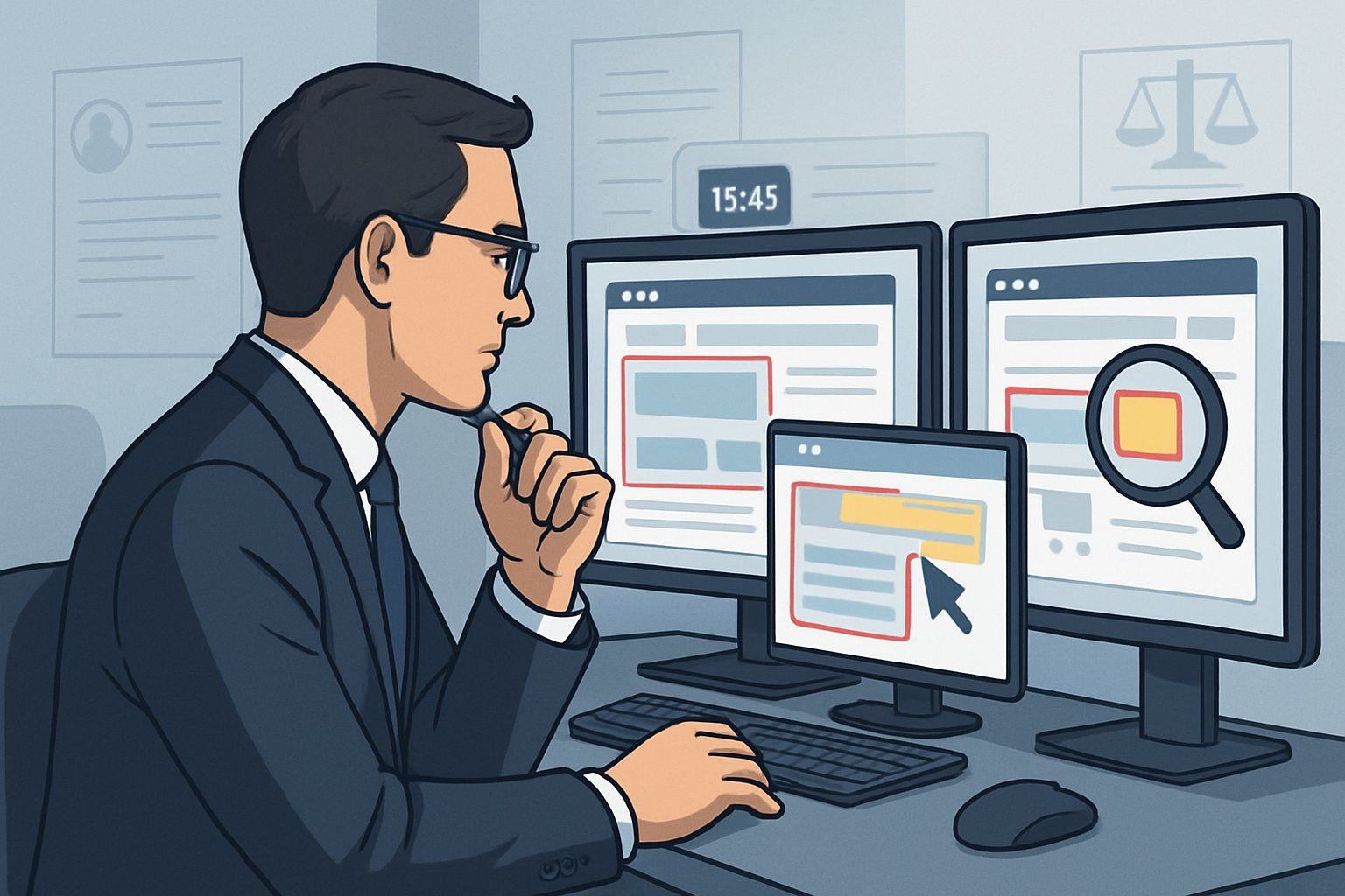 A legal professional reviewing multiple digital screens showing website screenshots and evidence in an office setting focused on domain dispute investigation.