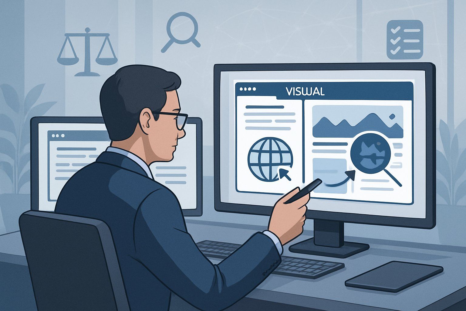 A legal expert in an office analyzes multiple digital screens showing domain registration data and visual evidence to investigate bad faith in a domain dispute