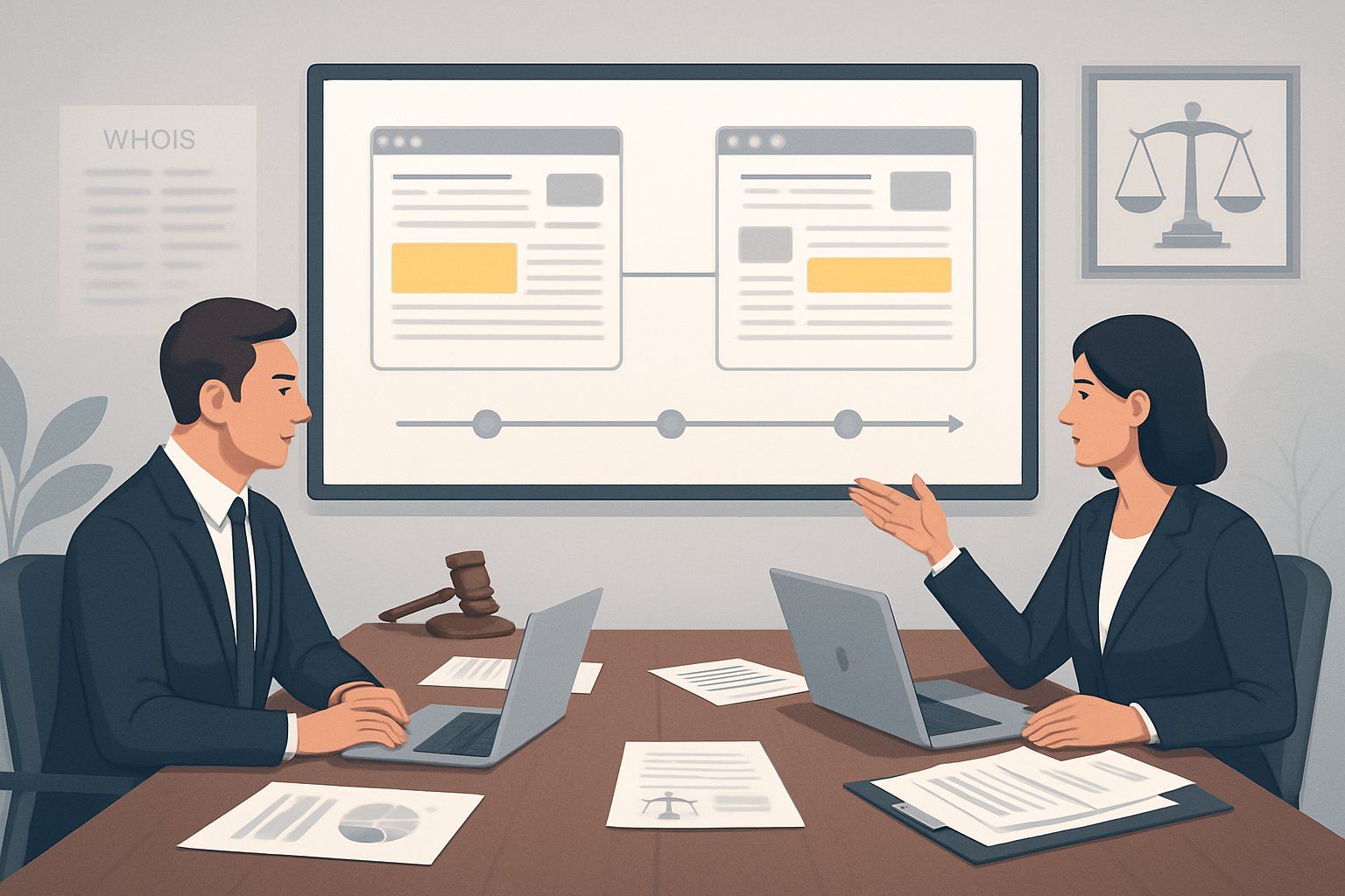 Two business professionals in a conference room reviewing digital evidence on a large screen, discussing a domain dispute case with legal symbols visible in the background.